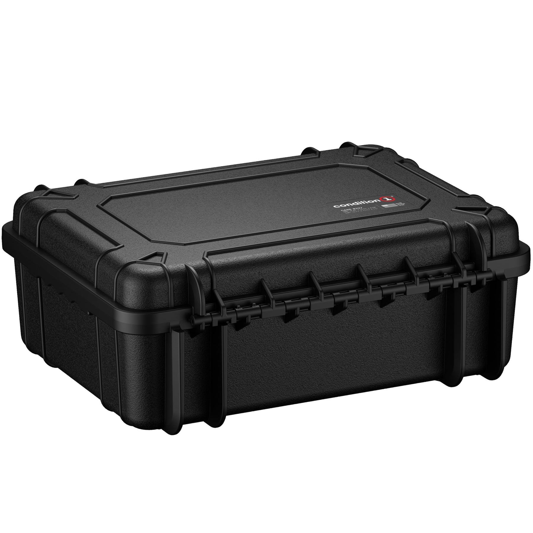 Alt text: "20-inch large black protective hard case with durable handles and a secure, rugged closure, labeled with a red and white brand logo on the top center."