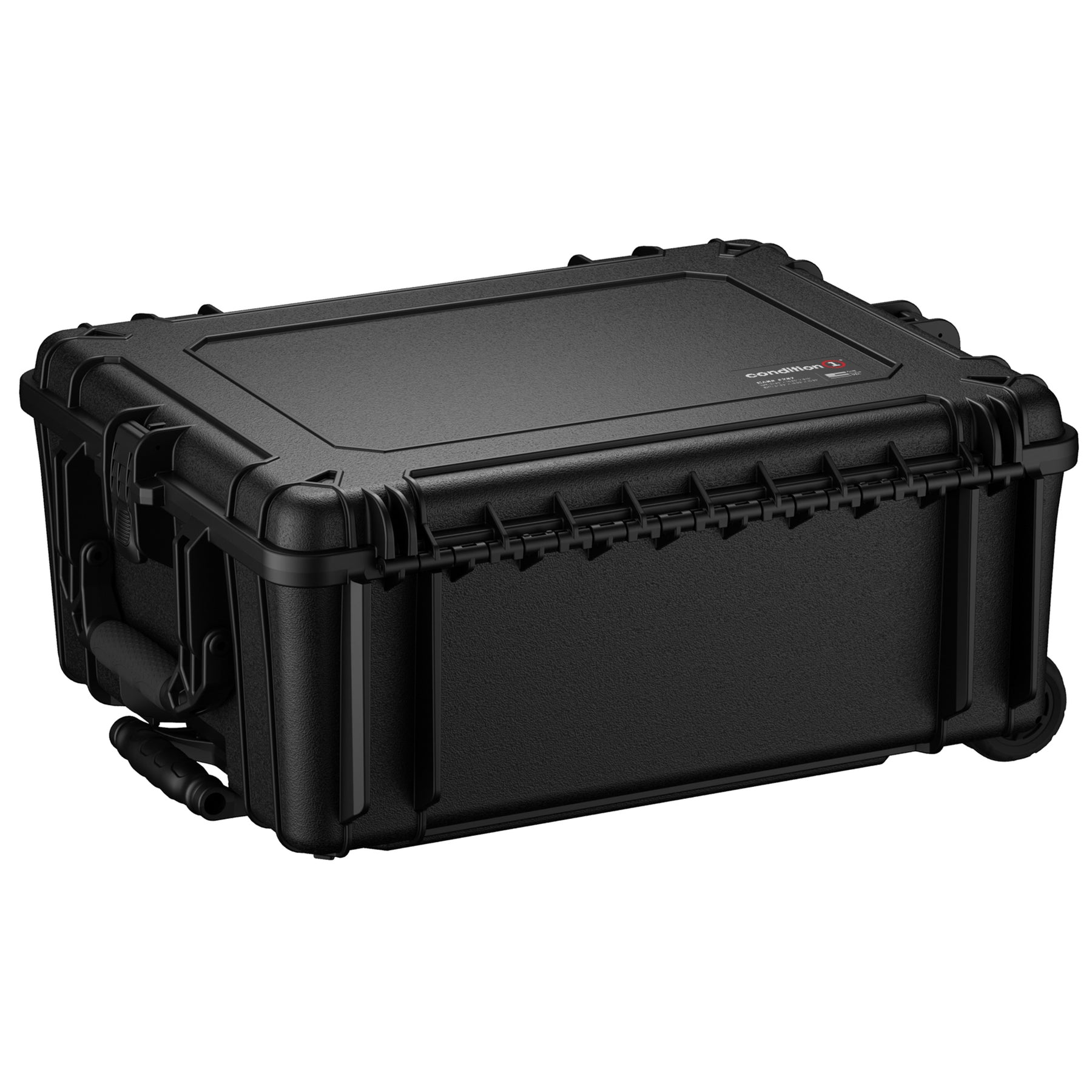 Alt text: "Large 25-inch black protective hard case with reinforced corners and dual locking clasps, designed for secure equipment storage and transport, featuring a top handle and smooth exterior texture with logo detail on the center of the lid."