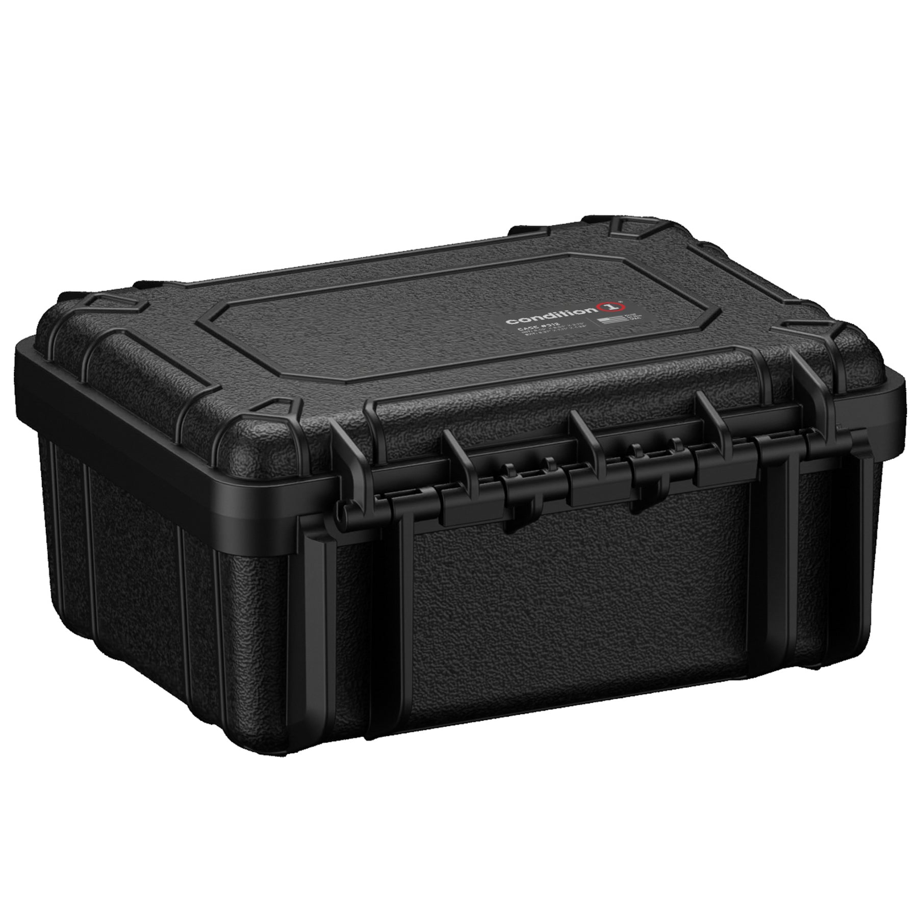 Alt text: "Black Condition 1 brand hard protective case, model 312, 10-inch size, with rugged exterior and secure latches, suitable for protecting valuable equipment."