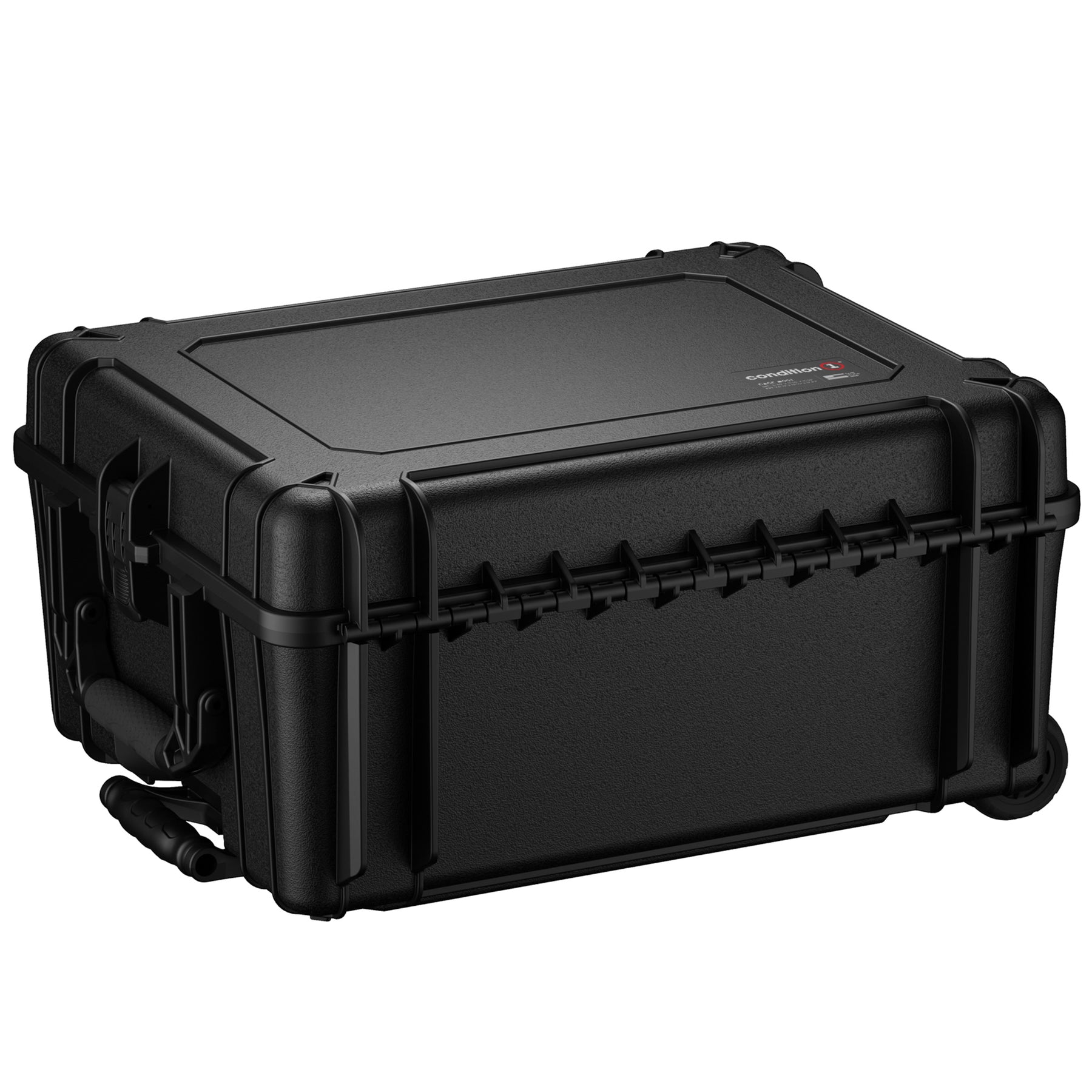 Alt text: Black 25-inch large protective case with rugged exterior, dual latches and side handles, ideal for secure equipment storage and transport.