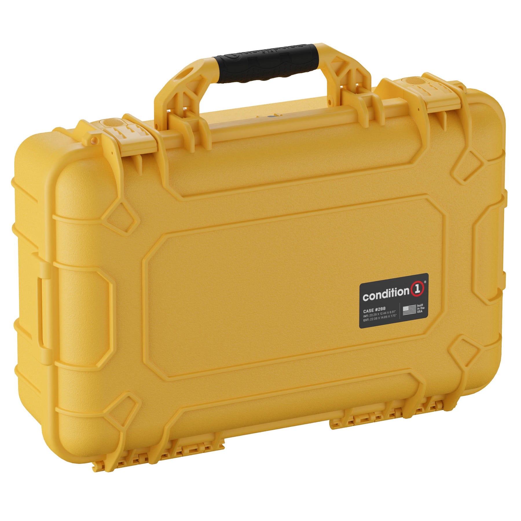 Yellow 22-inch large protective case with black handle and secure latches, designed for durable storage and transport.