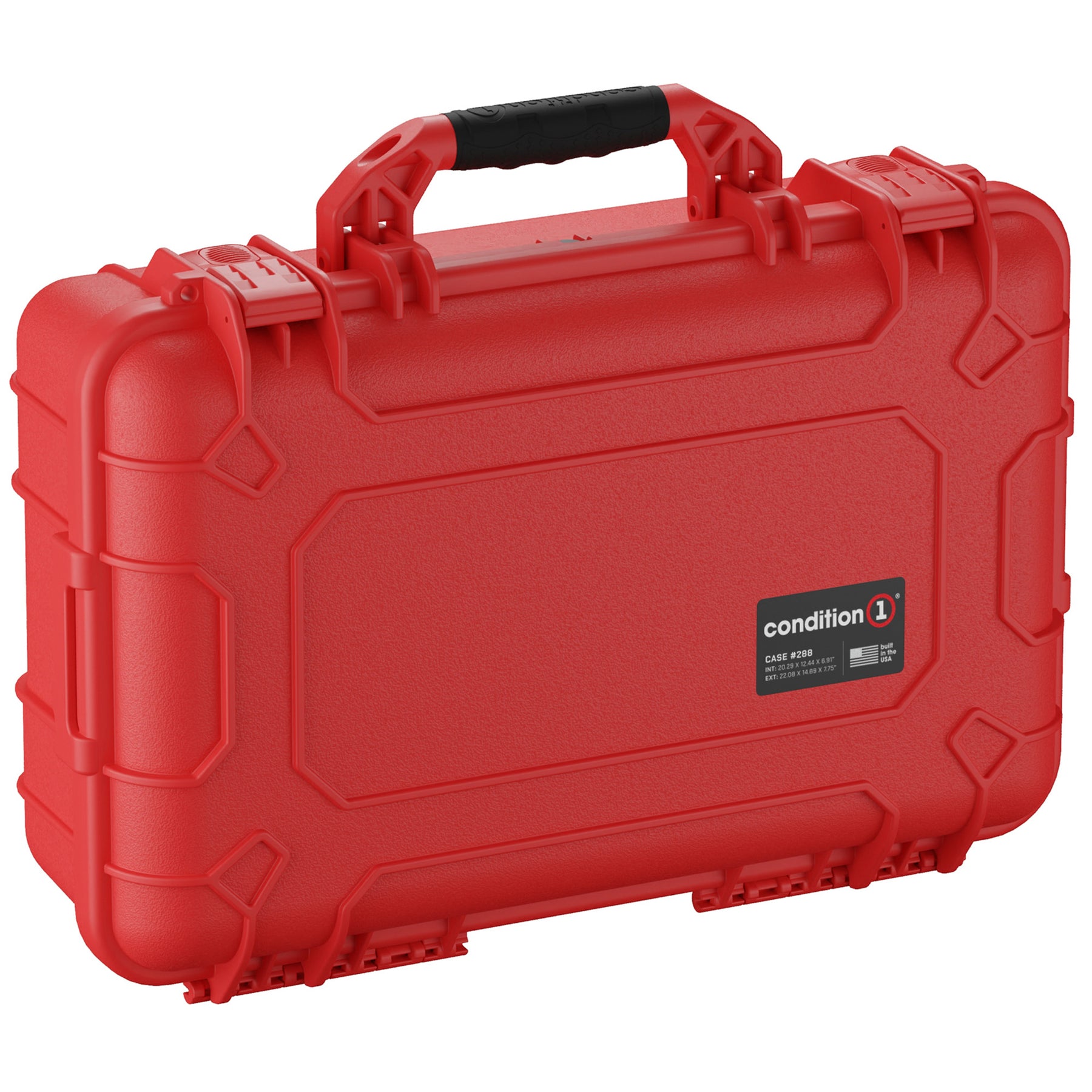Red rugged 22-inch large hard case with a black handle, sturdy latches, and embossed logo branding, perfect for secure storage and transportation.