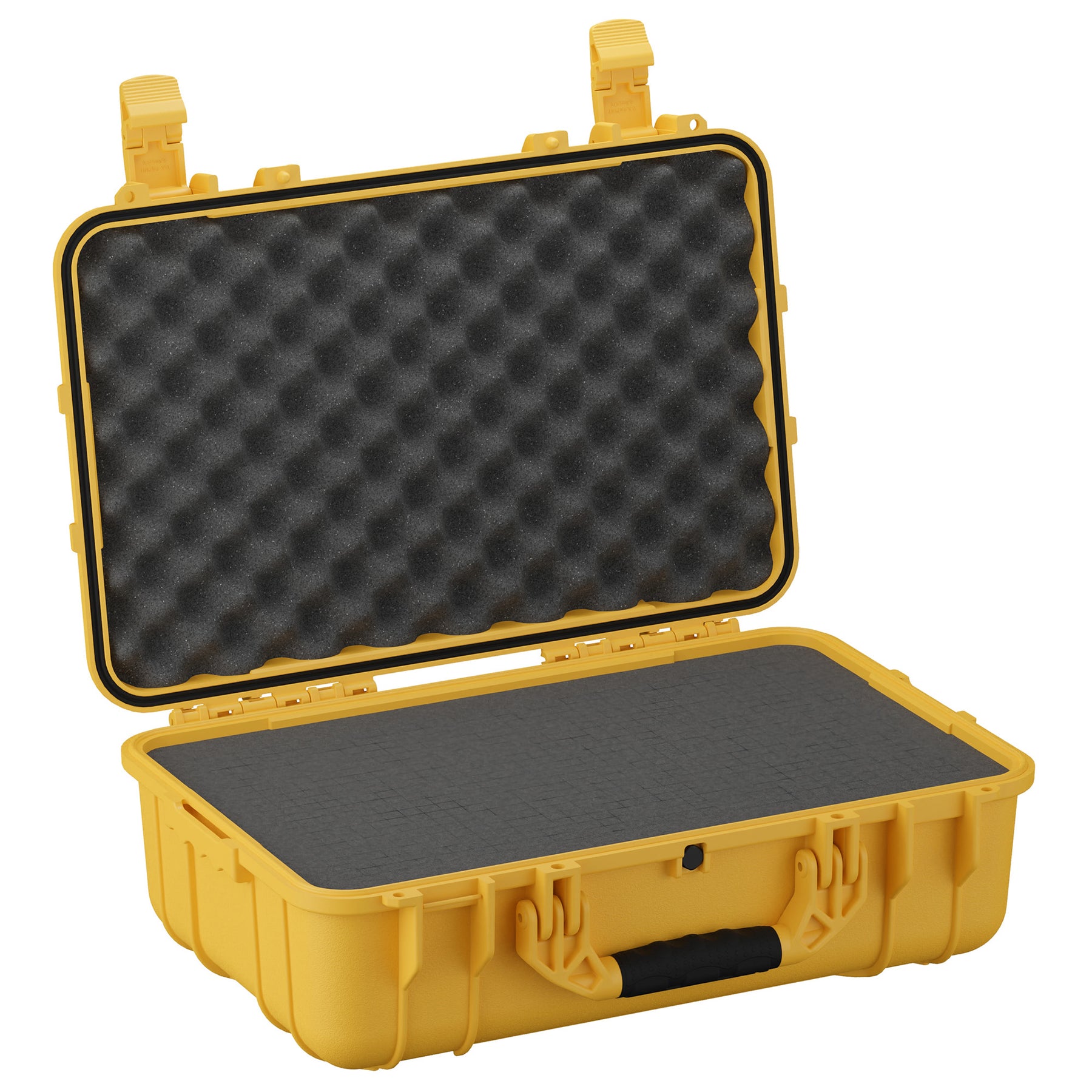 Yellow 22-inch large protective case with foam padding, open lid showing egg crate foam on top and flat foam on bottom.