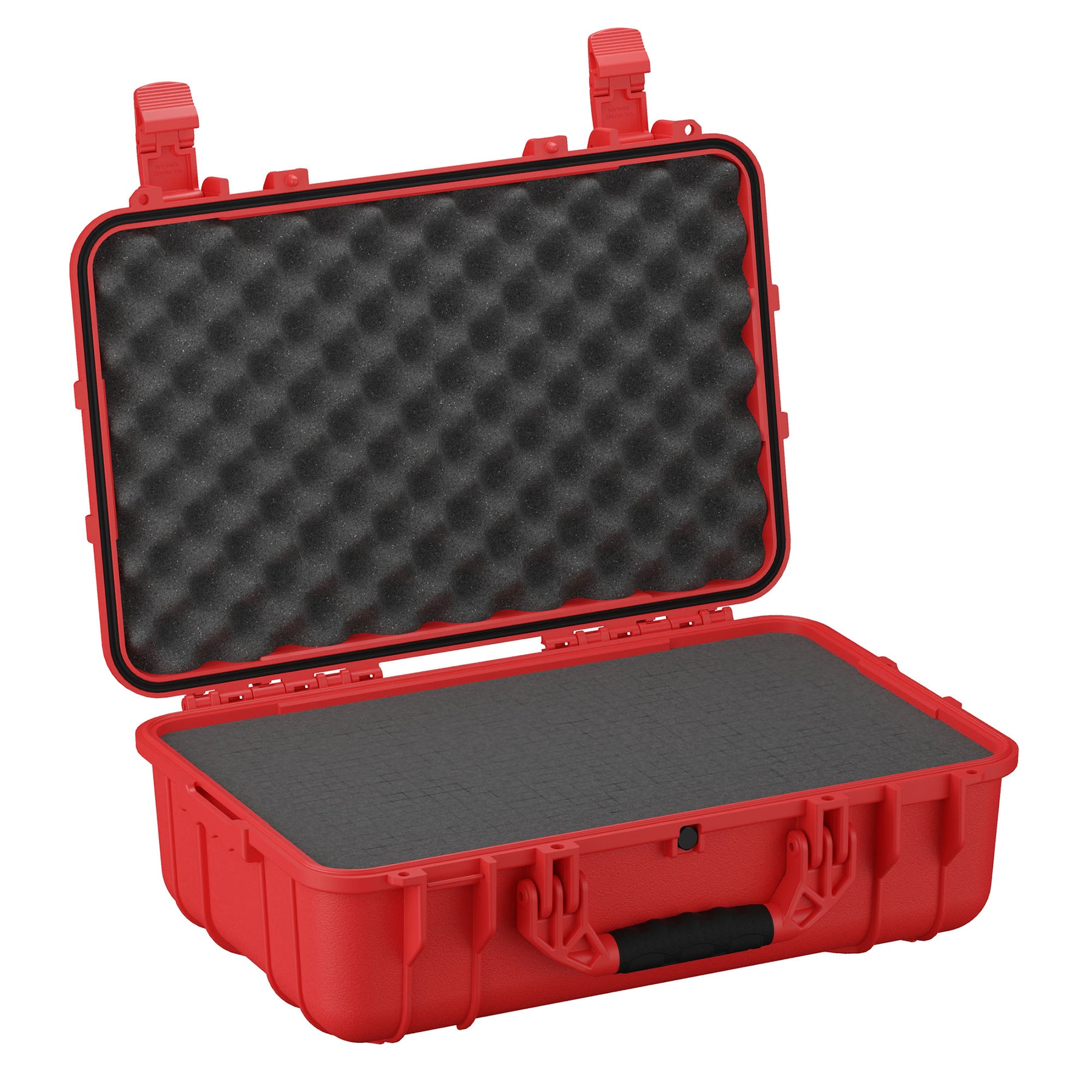 Red 22-inch large protective case with a robust outer shell and open showing inner foam padding, secure latches, and a handle.