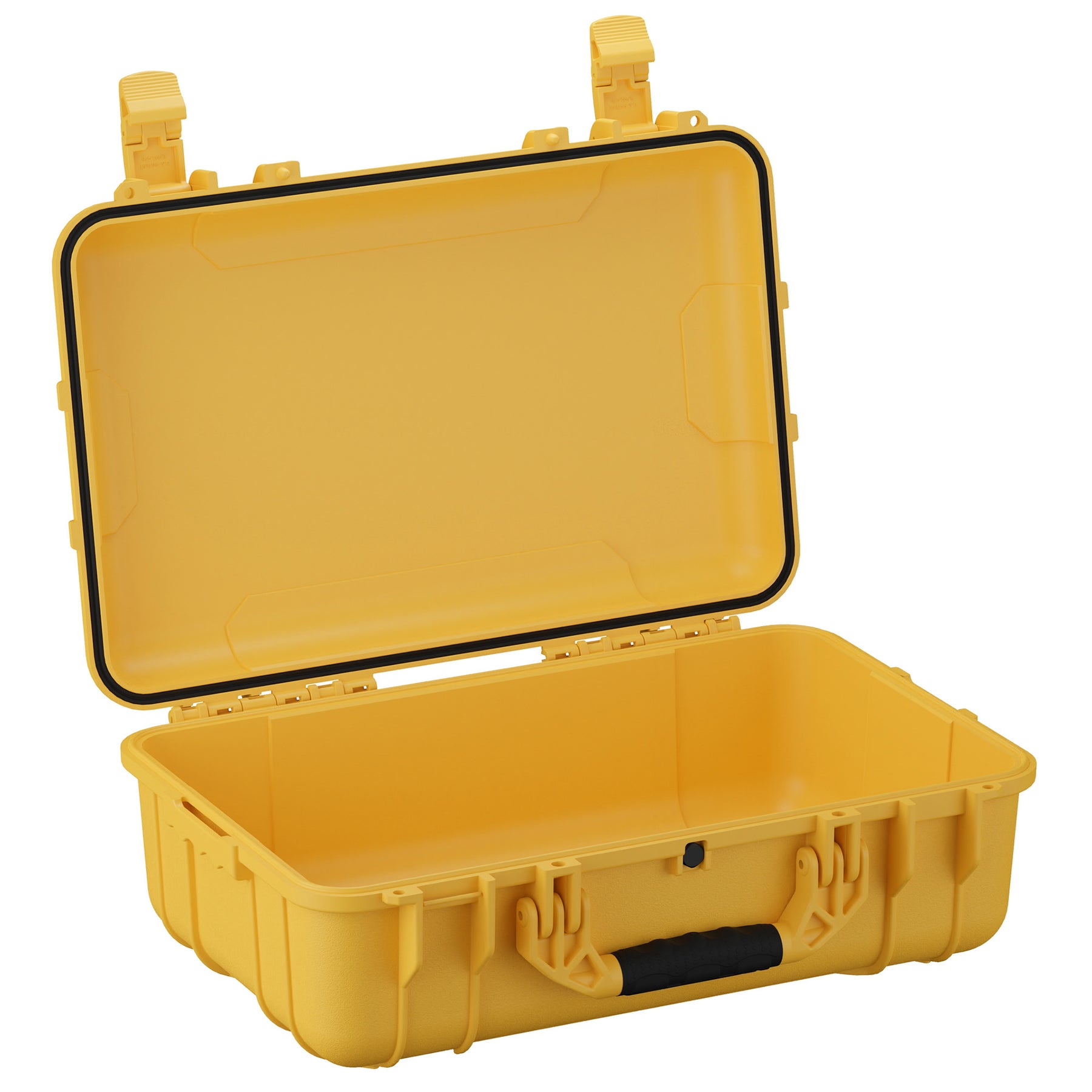 Open yellow 22-inch large protective case with black handle and secure latches, ideal for storage and transport.
