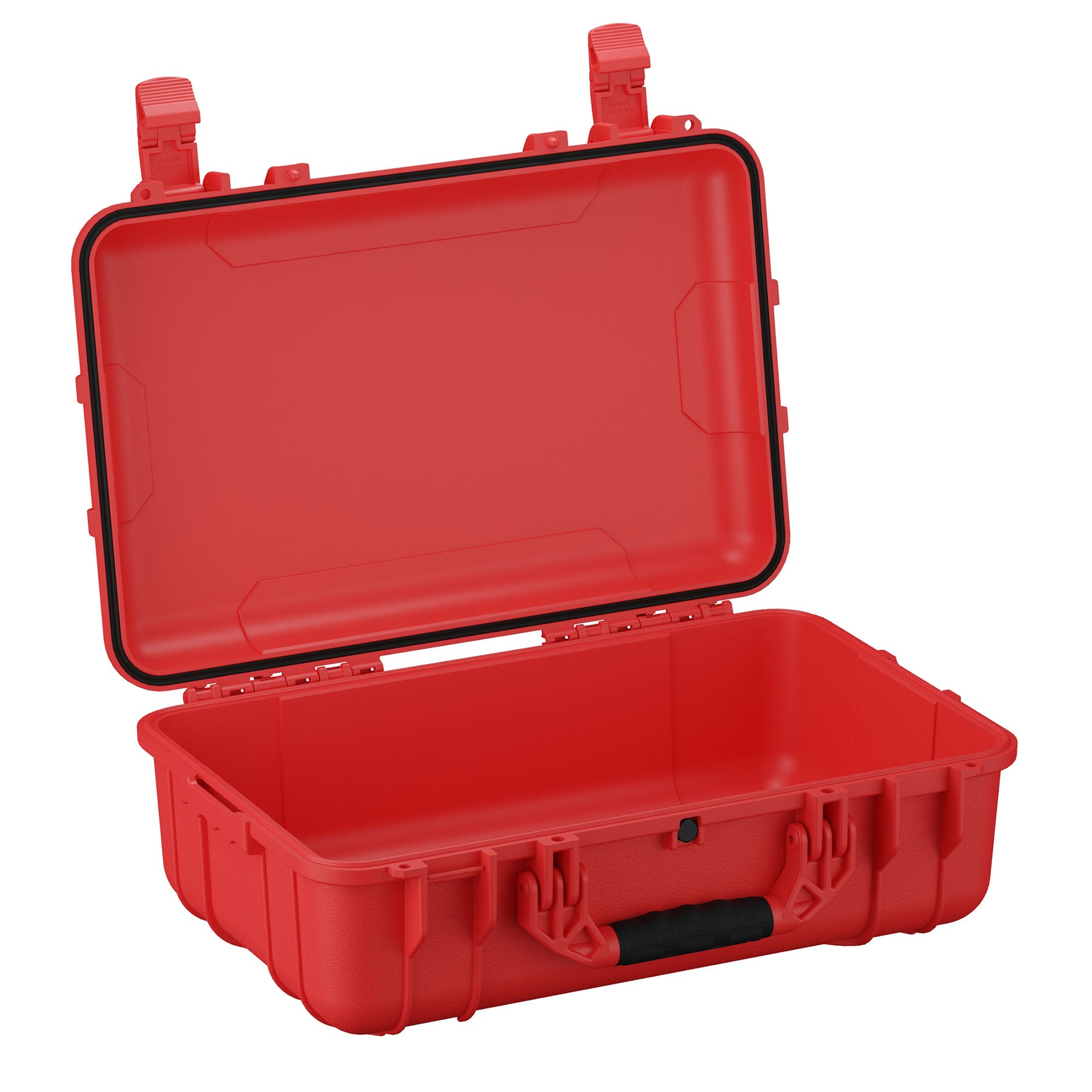 Red 22-inch large protective case with sturdy handles and secure latch closures, open lid showing spacious empty interior.
