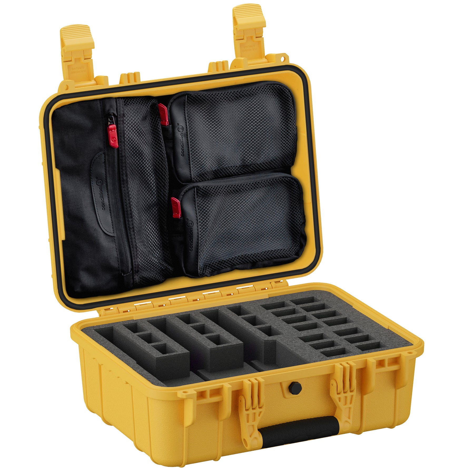 Yellow 16-inch medium case with foam interior and black mesh compartments for organizing tools and accessories.