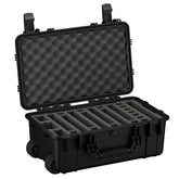 Black 22-inch rugged pistol case with foam interior, featuring space for 7 pistols, two secure clasps, and roller wheels for easy mobility, displayed open to show compartment layout.
