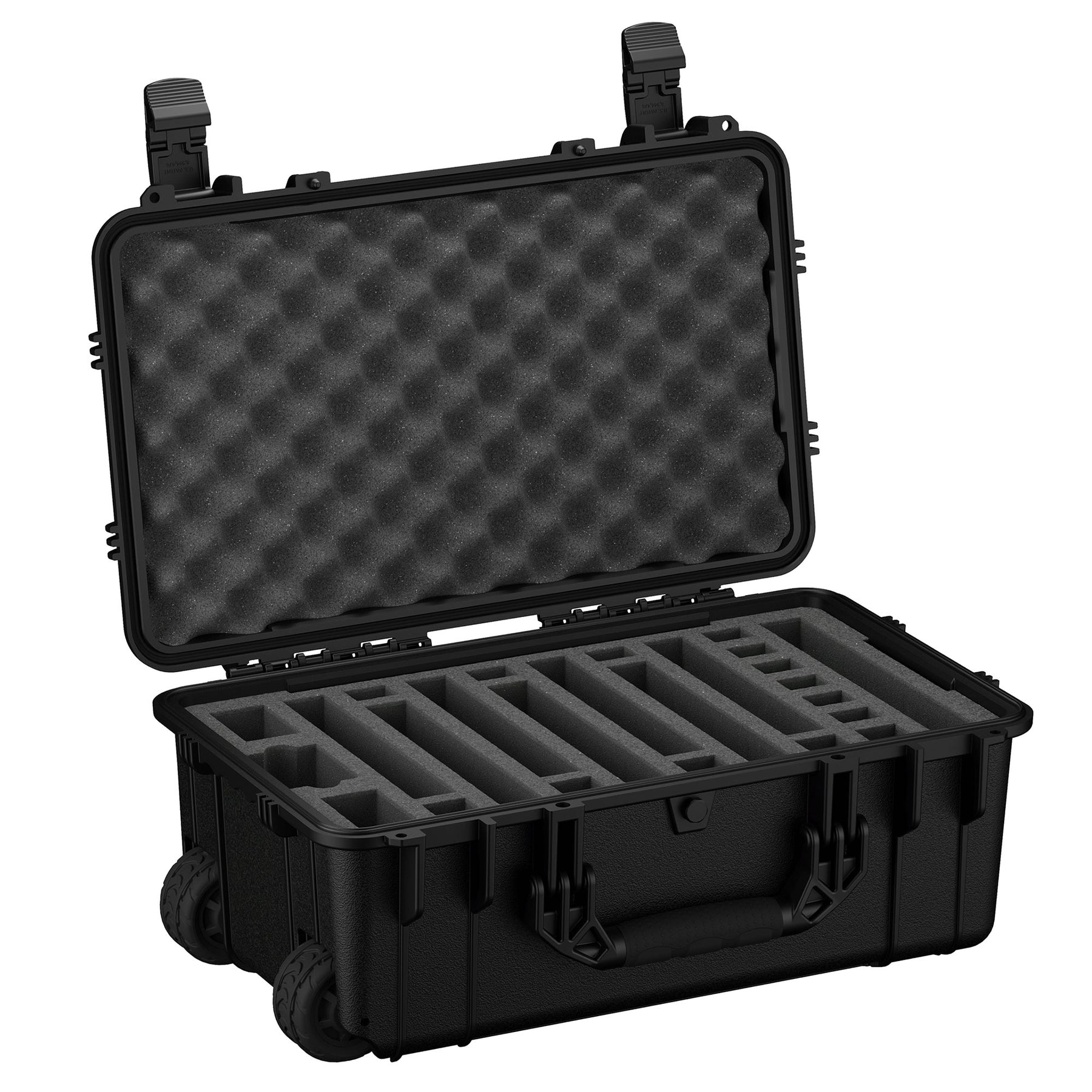 Black 22-inch rugged pistol case with foam interior, featuring space for 7 pistols, two secure clasps, and roller wheels for easy mobility, displayed open to show compartment layout.