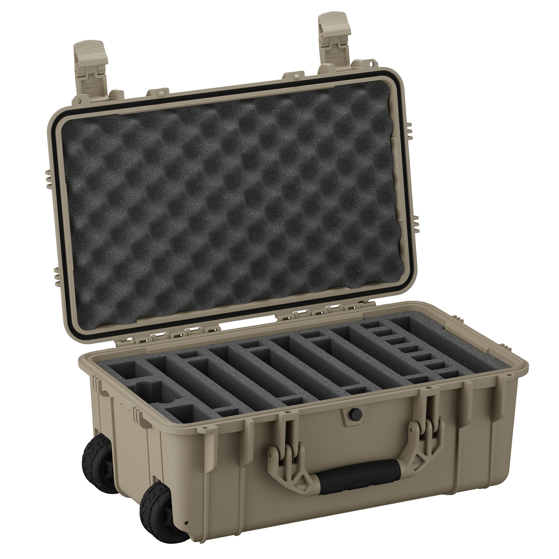 Alt text: "Open 22-inch tan pistol case with customizable foam inserts for up to 7 pistols, featuring durable exterior, dual locking latches, and wheels for easy mobility."