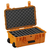 Alt text: "22-inch orange hard case designed to hold 7 pistols, model #300, shown open with customizable foam inserts and sturdy latches for secure storage and transport."
