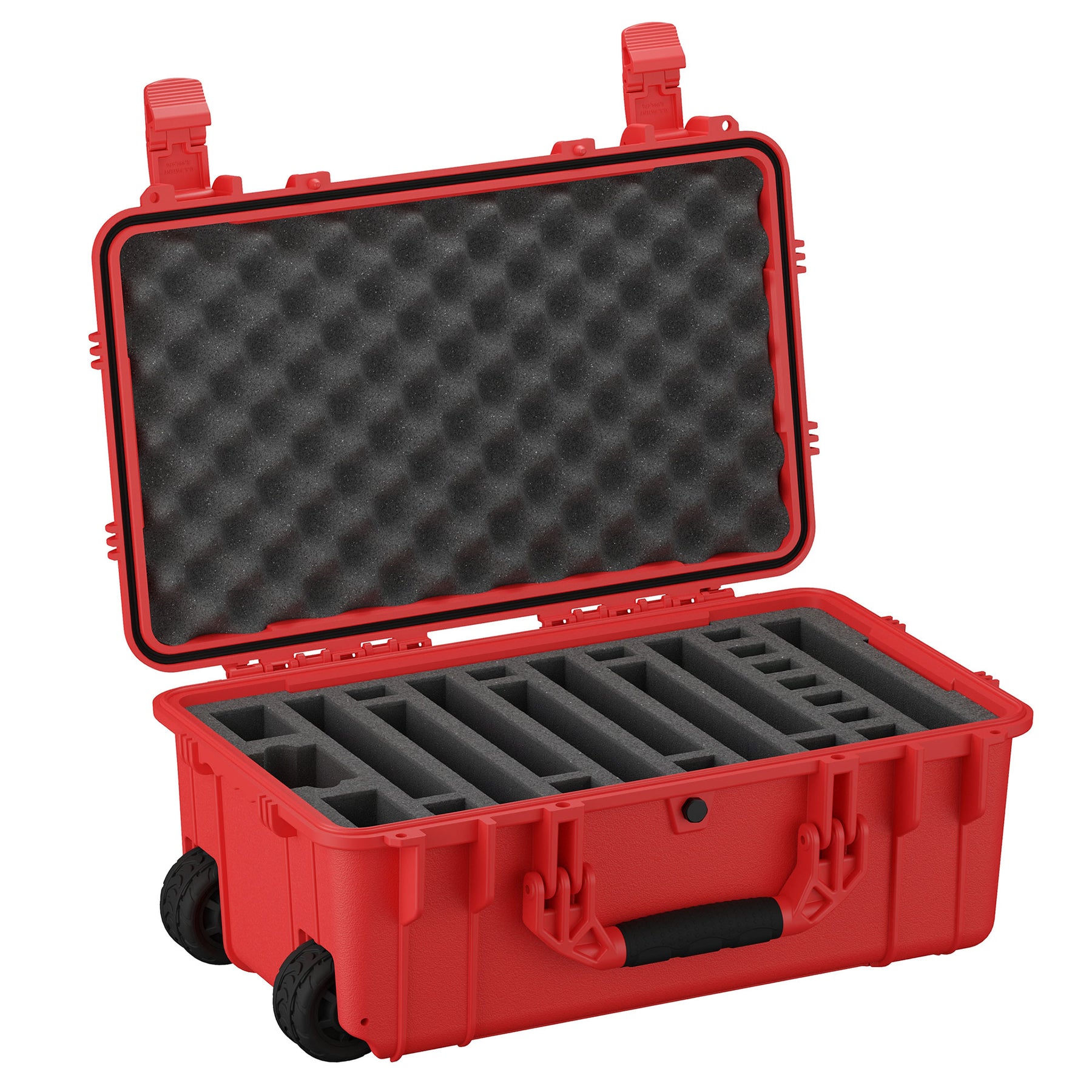 Red 22-inch pistol case featuring 7 individual slots, sturdy latches, and wheels, with dense foam lining for firearm protection.