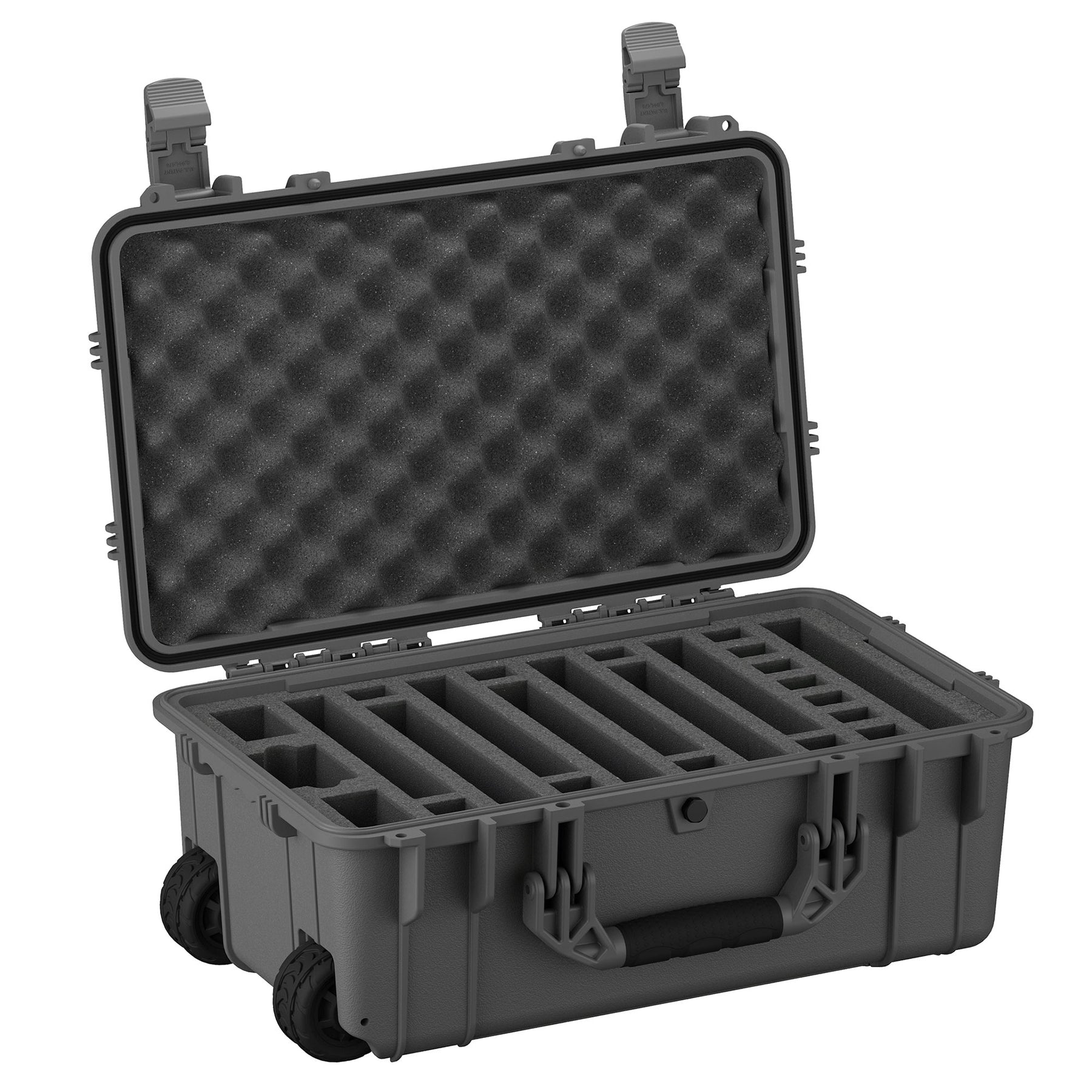 Alt text: Open 22" rugged pistol case with individual slots for 7 pistols, featuring a foam interior for protection and wheels for easy transport. The case is shown with the lid open, displaying the foam cutouts and secure clasps.