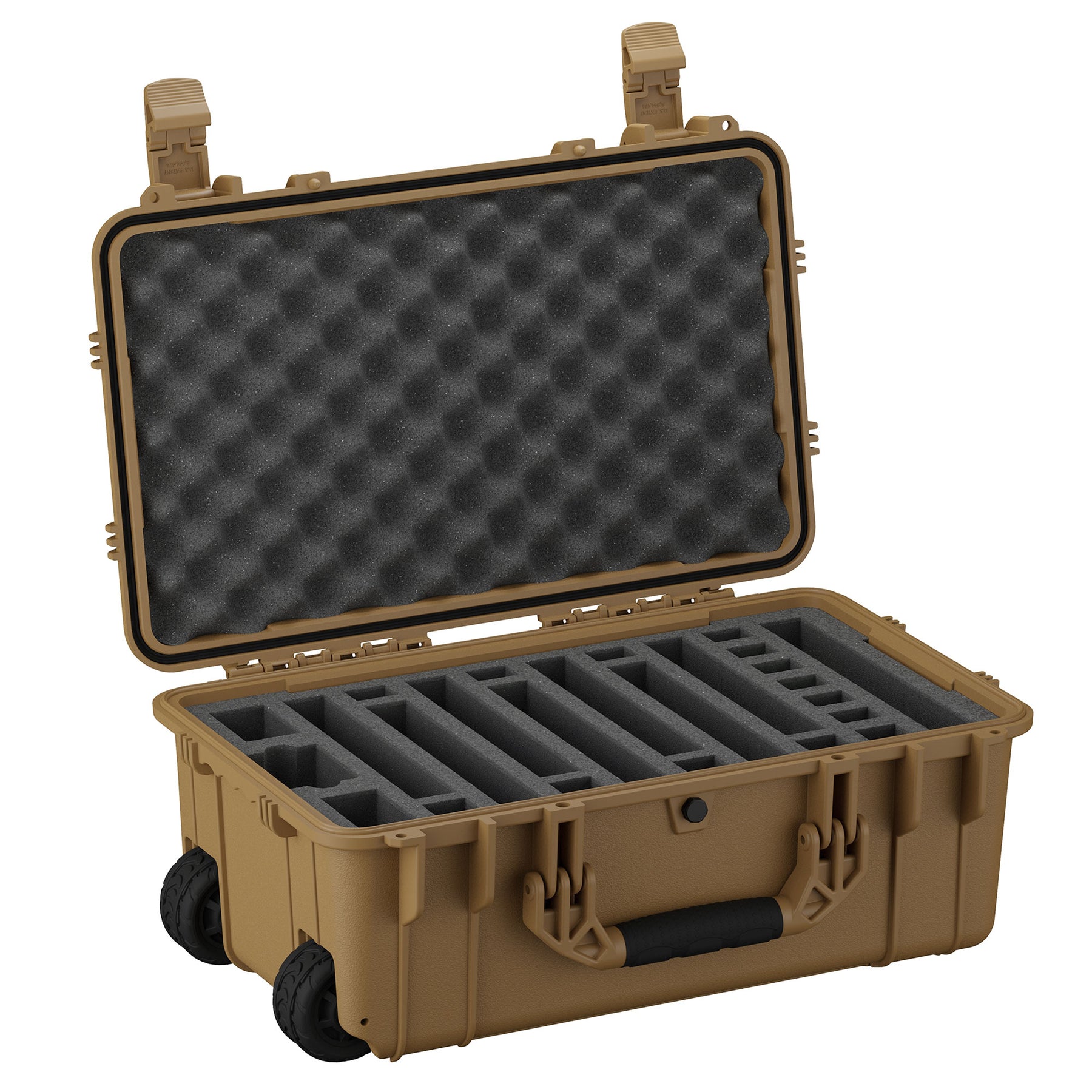 Alt text: "22-inch tan hard case designed for storing up to 7 pistols, featuring customizable foam inserts for secure weapon placement, sturdy latches, and roller wheels for easy mobility. The open case displays a wave foam interior on the lid and