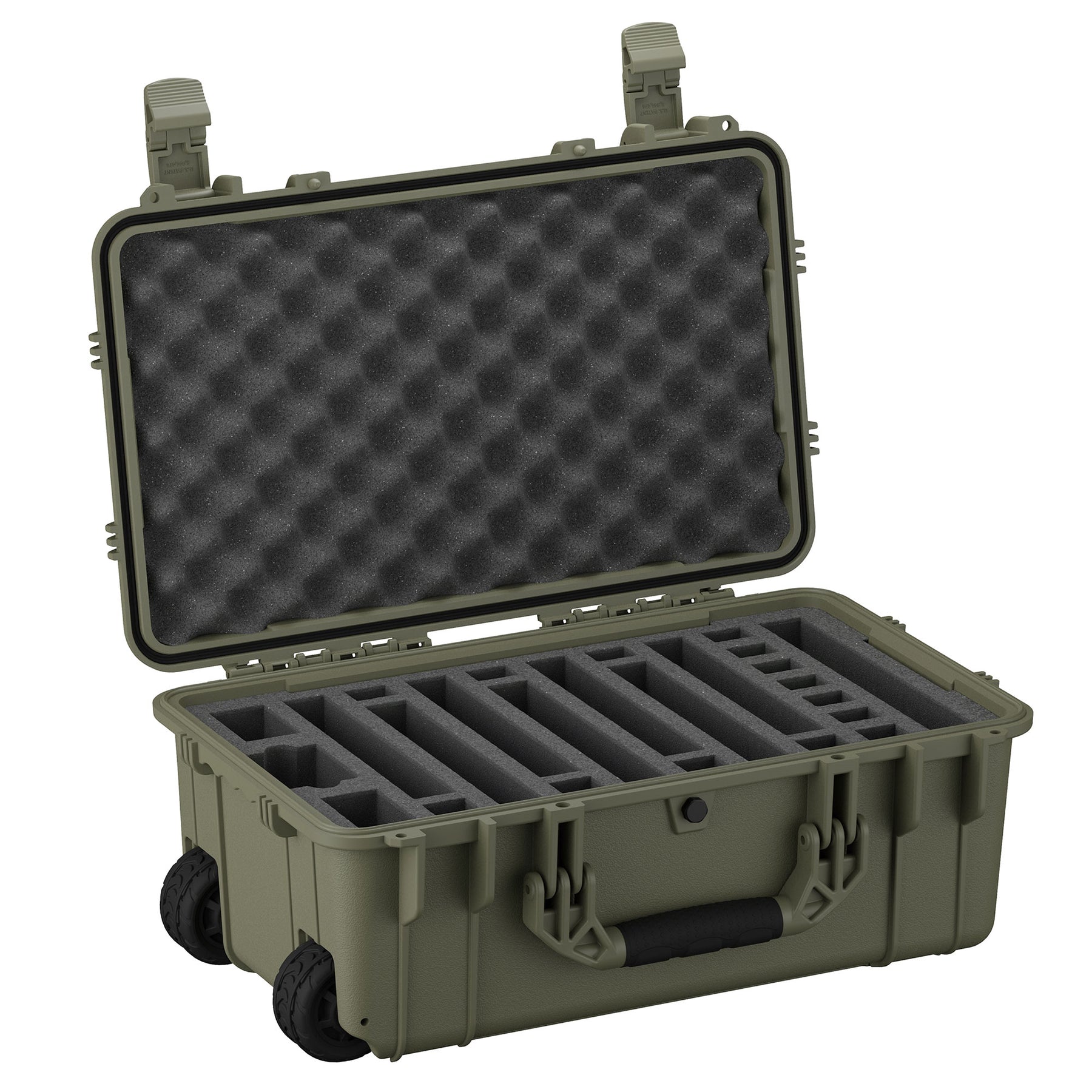 Alt text: "Green 22-inch hard-shell pistol case with foam inserts for seven pistols, featuring secure latches and built-in wheels for portability, displayed open to show interior configuration."
