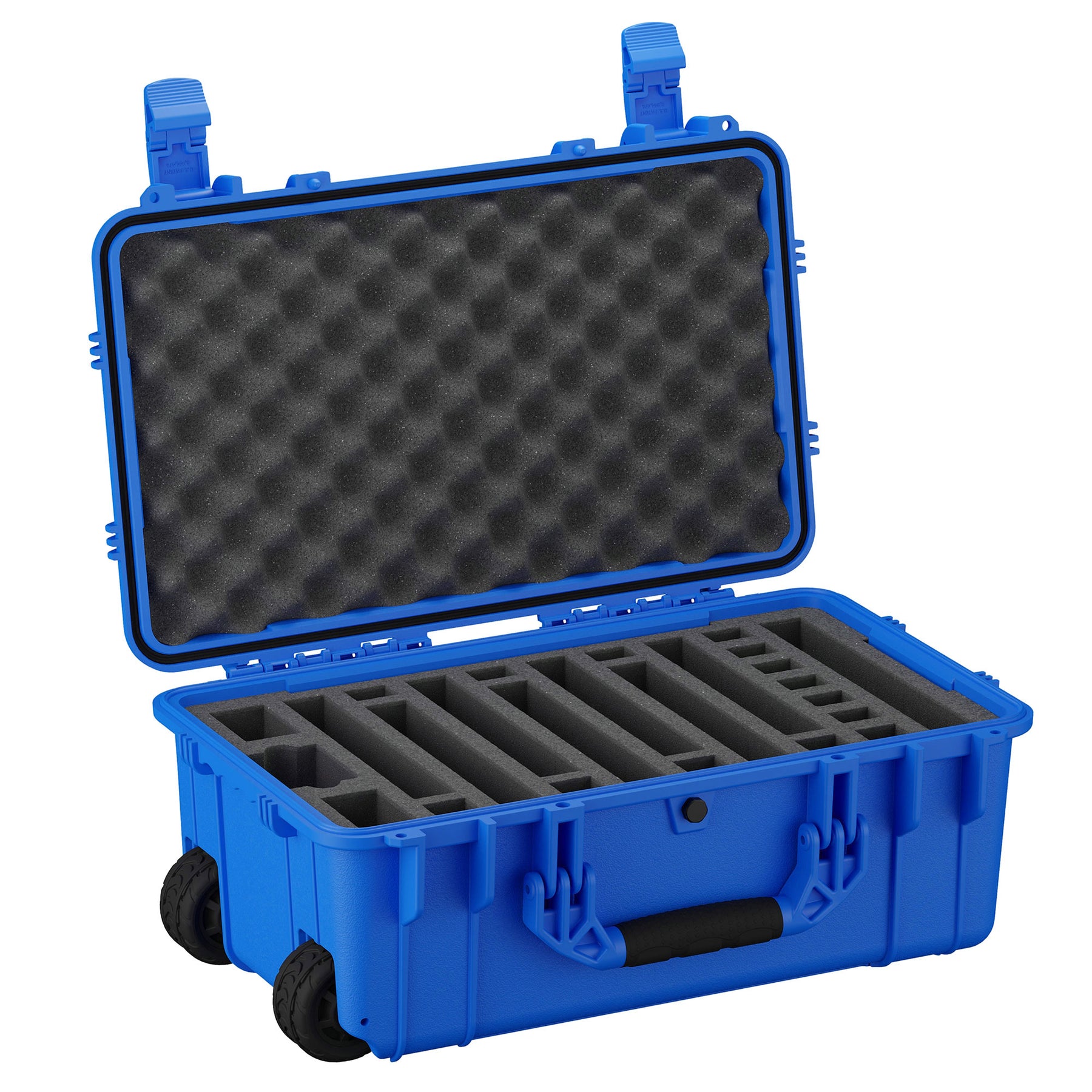 Blue 22-inch hard pistol case with customizable foam inserts for seven pistols, featuring sturdy wheels and secure locking mechanisms.