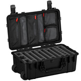 Alt text: "Black 22-inch 7 Pistol Case #300 with wheels, showing open view with upper lid featuring mesh compartments and red zippers, and lower part with customizable foam inserts for secure storage of pistols."