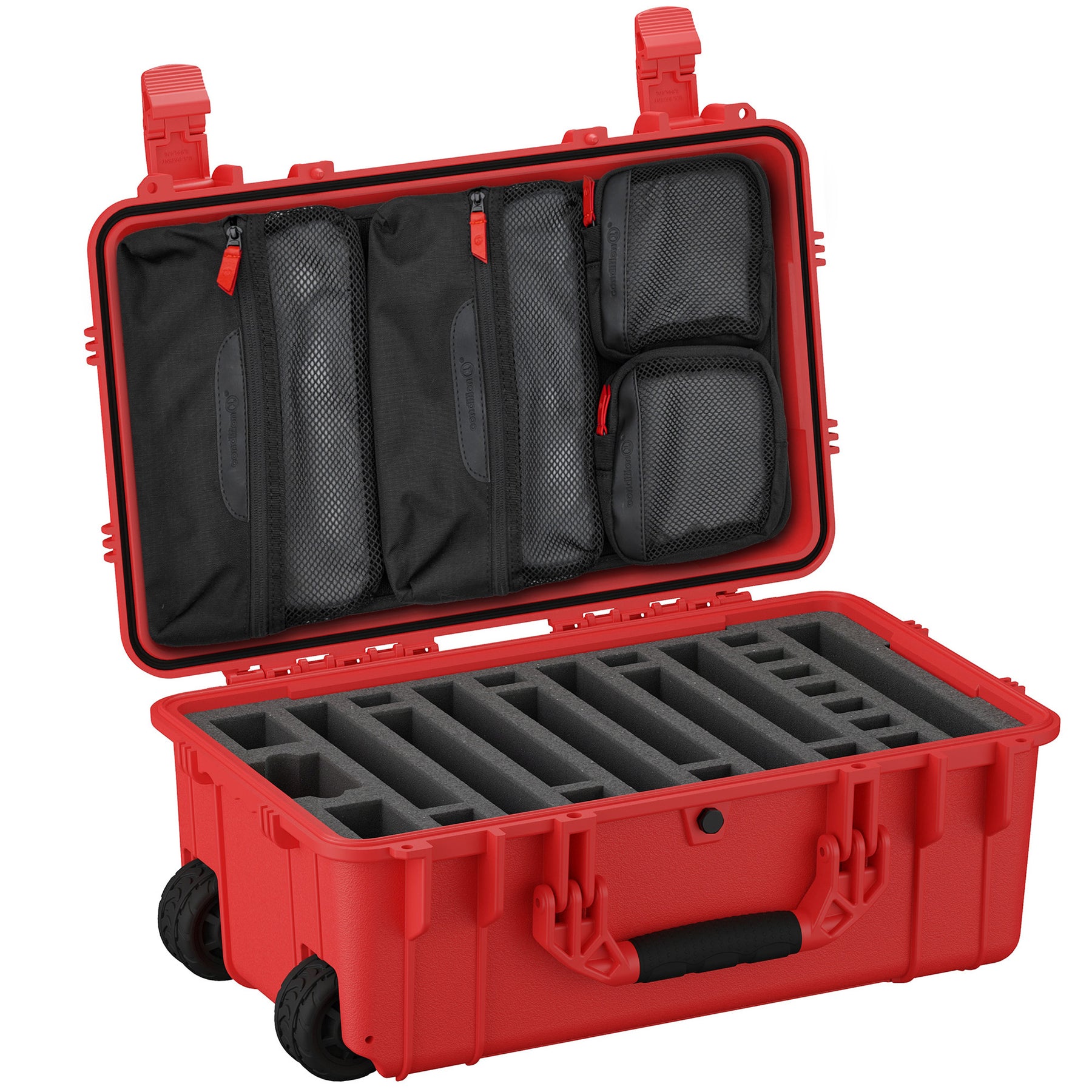 Red 22-inch hard shell pistol case with wheels, featuring open lid displaying three zippered mesh pockets and customizable foam inserts for 7 pistols.