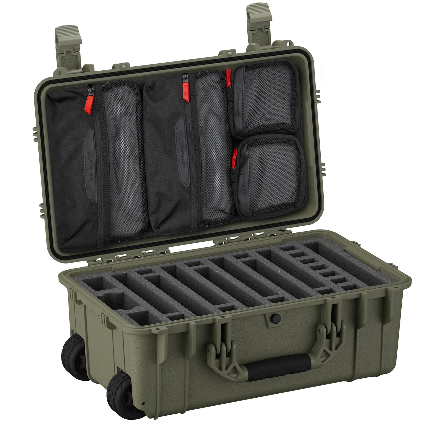Alt text: "Open 22-inch olive green 7 pistol case with wheels, featuring a customizable foam interior and mesh pockets in the lid for accessories."