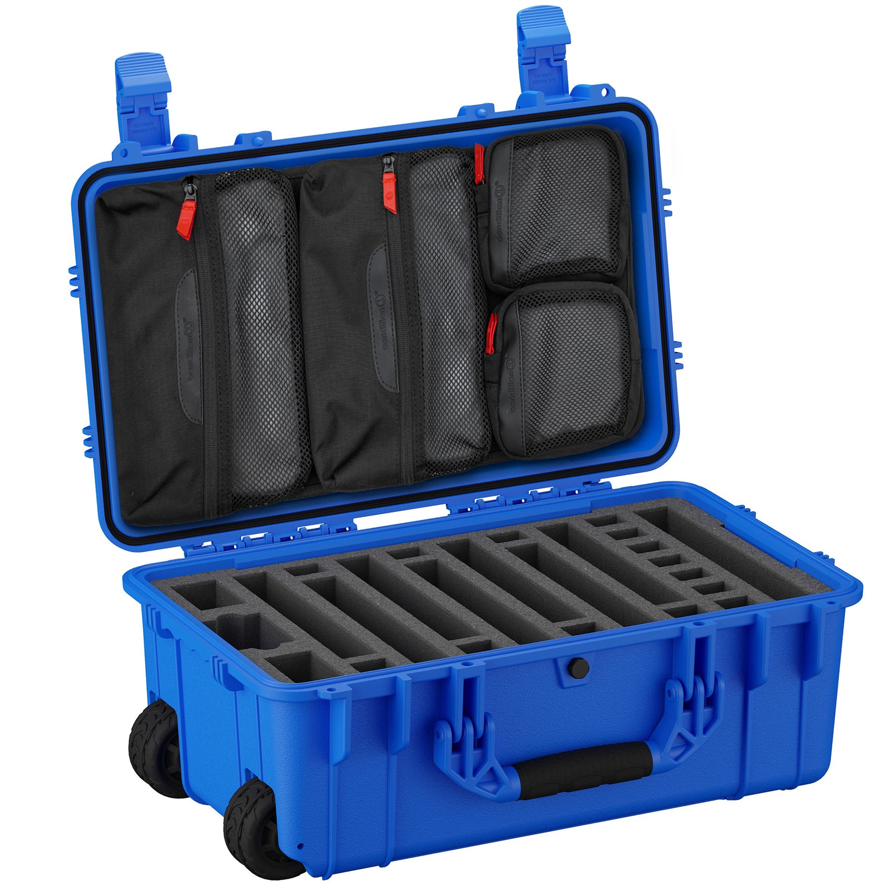 Blue 22-inch hard shell pistol case with interior foam cutouts for seven pistols, featuring three zippered mesh pockets in the lid, and secure latches and wheels for mobility.