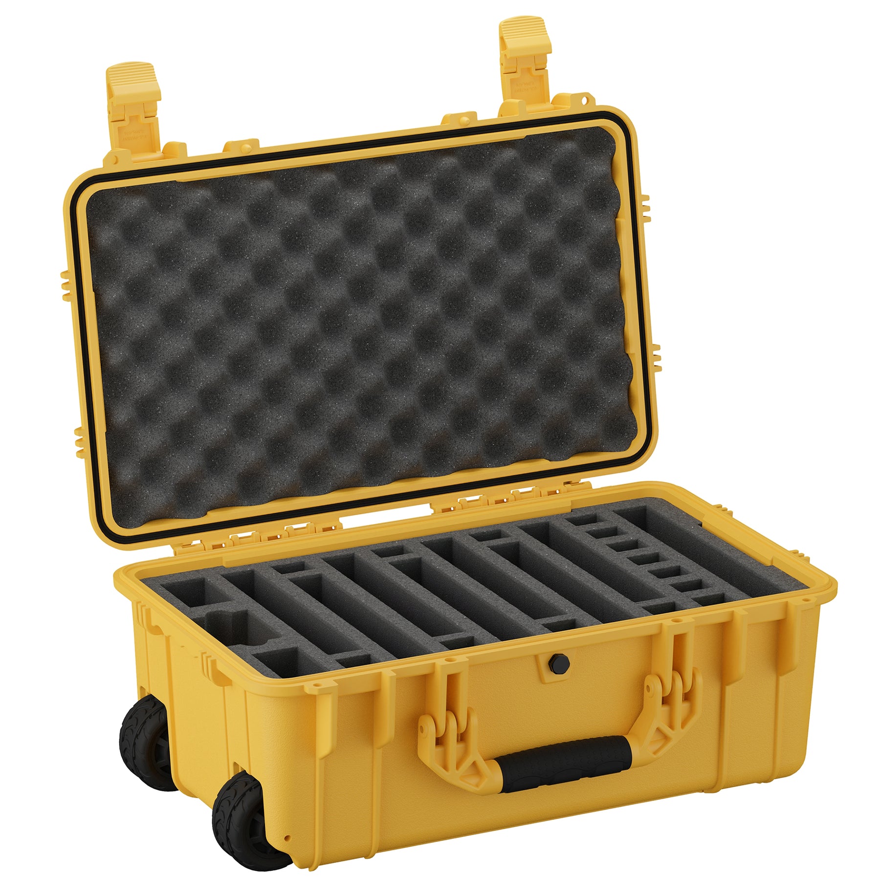 Yellow 22-inch pistol case with foam interior and wheels, designed for secure storage of multiple handguns.
