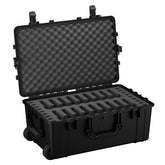 Alt text: "Black 31-inch hard pistol case, model #1258, featuring a customizable foam insert for 18 pistols, durable latches, and a rugged handle, displayed open to show the interior layout."