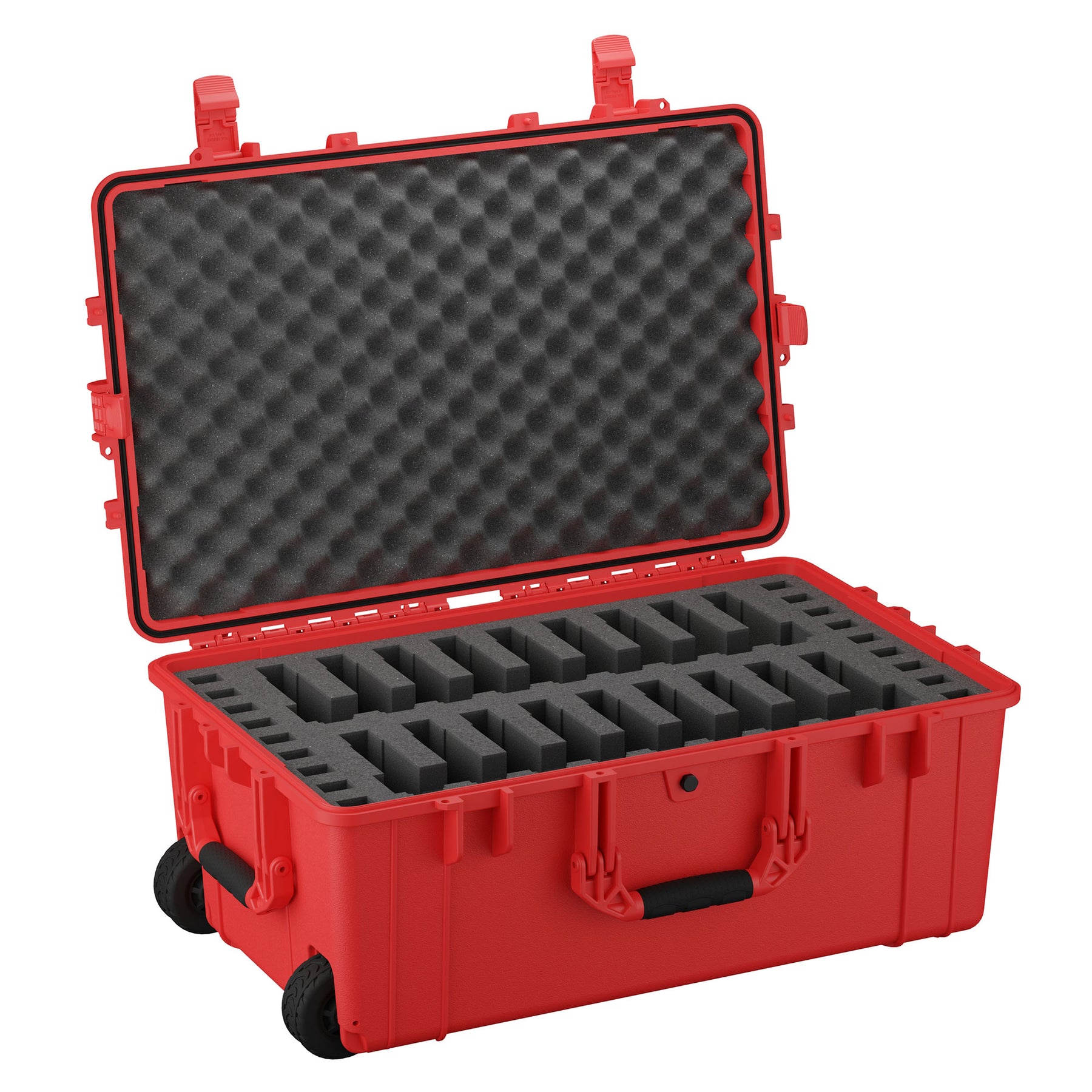 Alt text: Red 31-inch pistol case open to display interior with custom foam cutouts for 18 pistols, featuring sturdy handles and built-in wheels for transport.