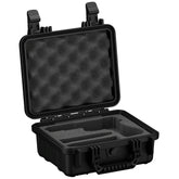 Alt text: "Black 11-inch single pistol case, model #184, open to show protective foam interior and custom cutouts for secure storage of firearm, featuring dual locking latches."