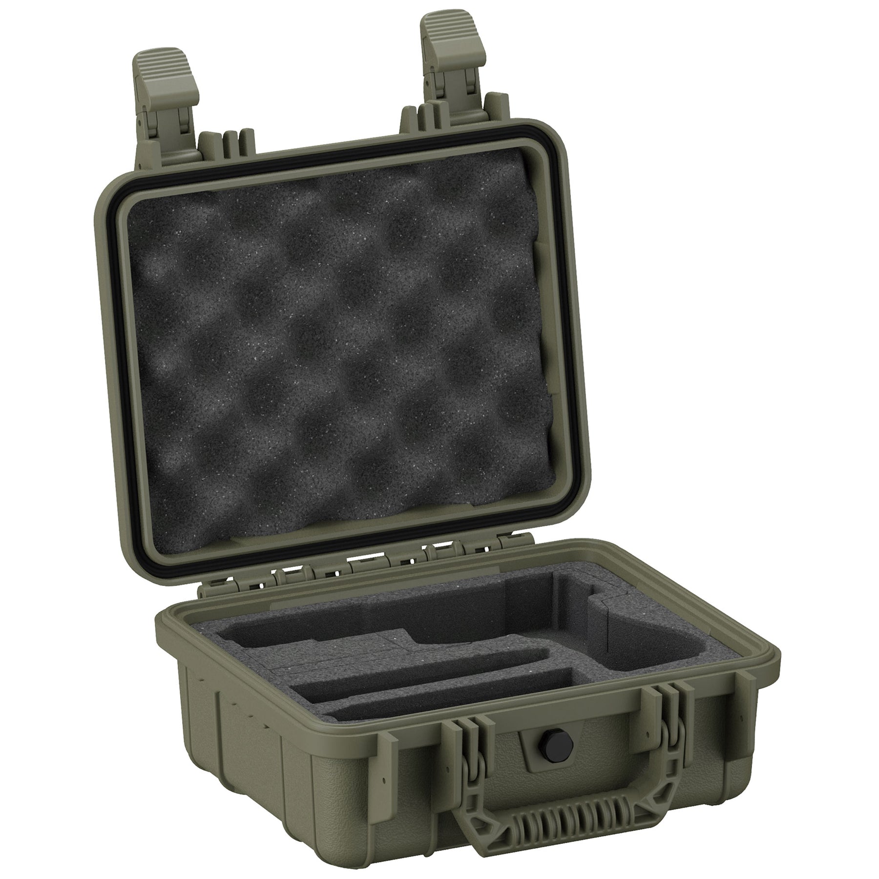 Alt text: "Olive green 11-inch single pistol case with open lid, featuring foam insets for secure storage, rugged exterior latches, and pressure relief valve."