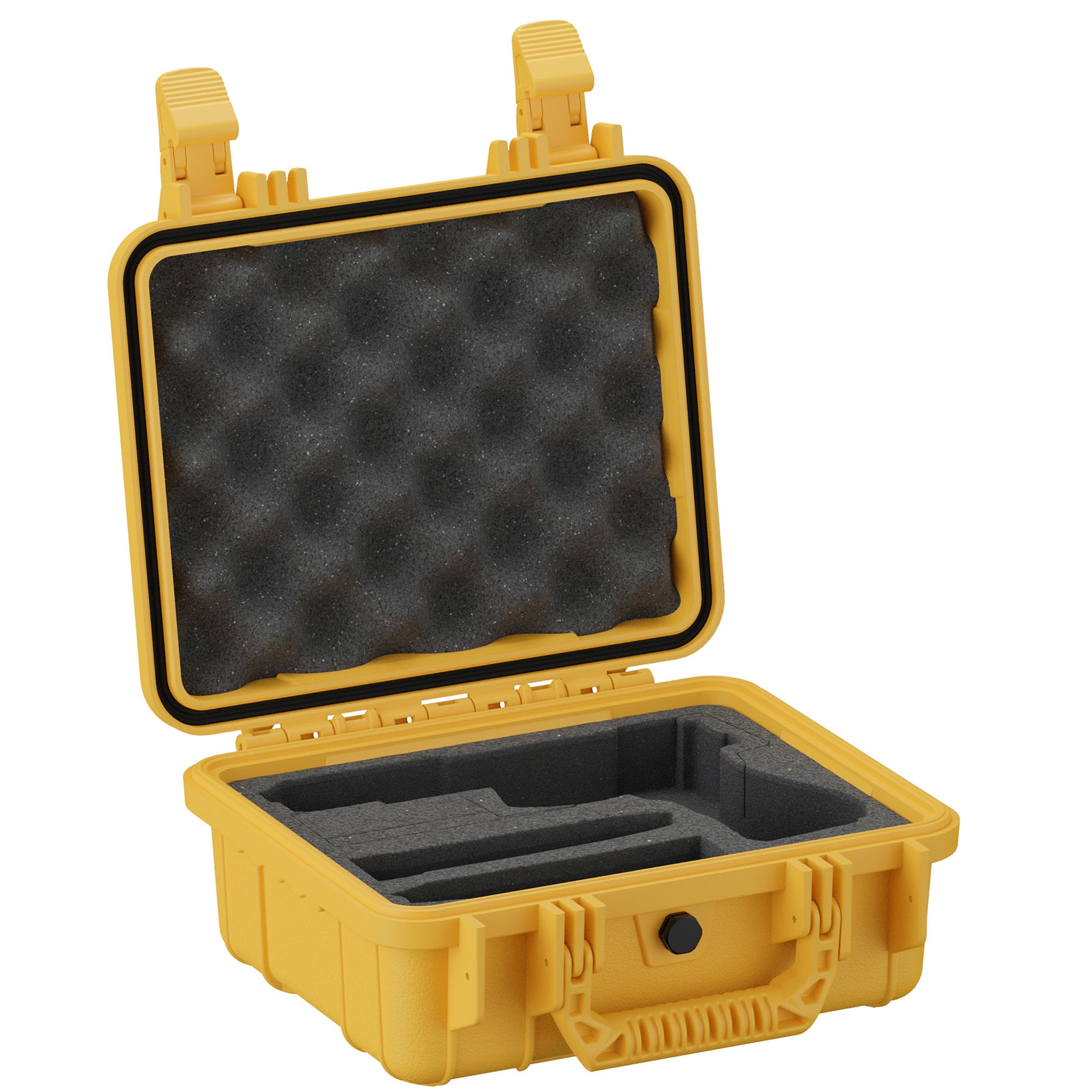Yellow 11-inch single pistol case with foam interior for secure firearm storage and transport.
