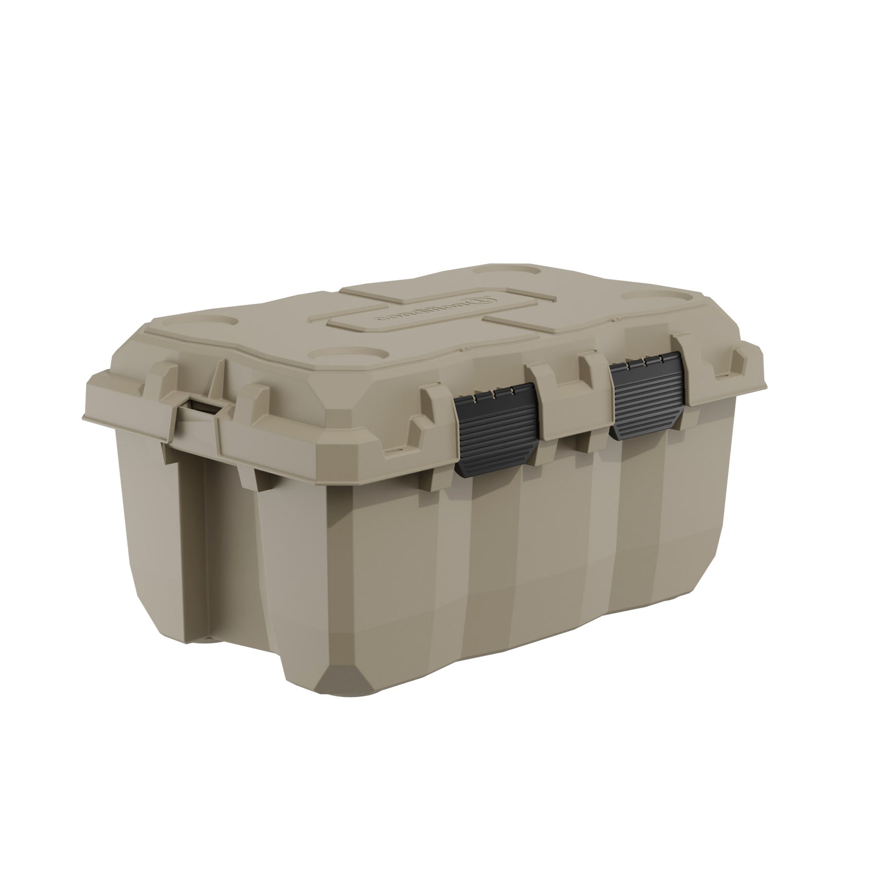 Alt text: "28-inch Sportsman Trunk in beige with robust black handles and a sturdy lid, designed for secure storage and transportation."