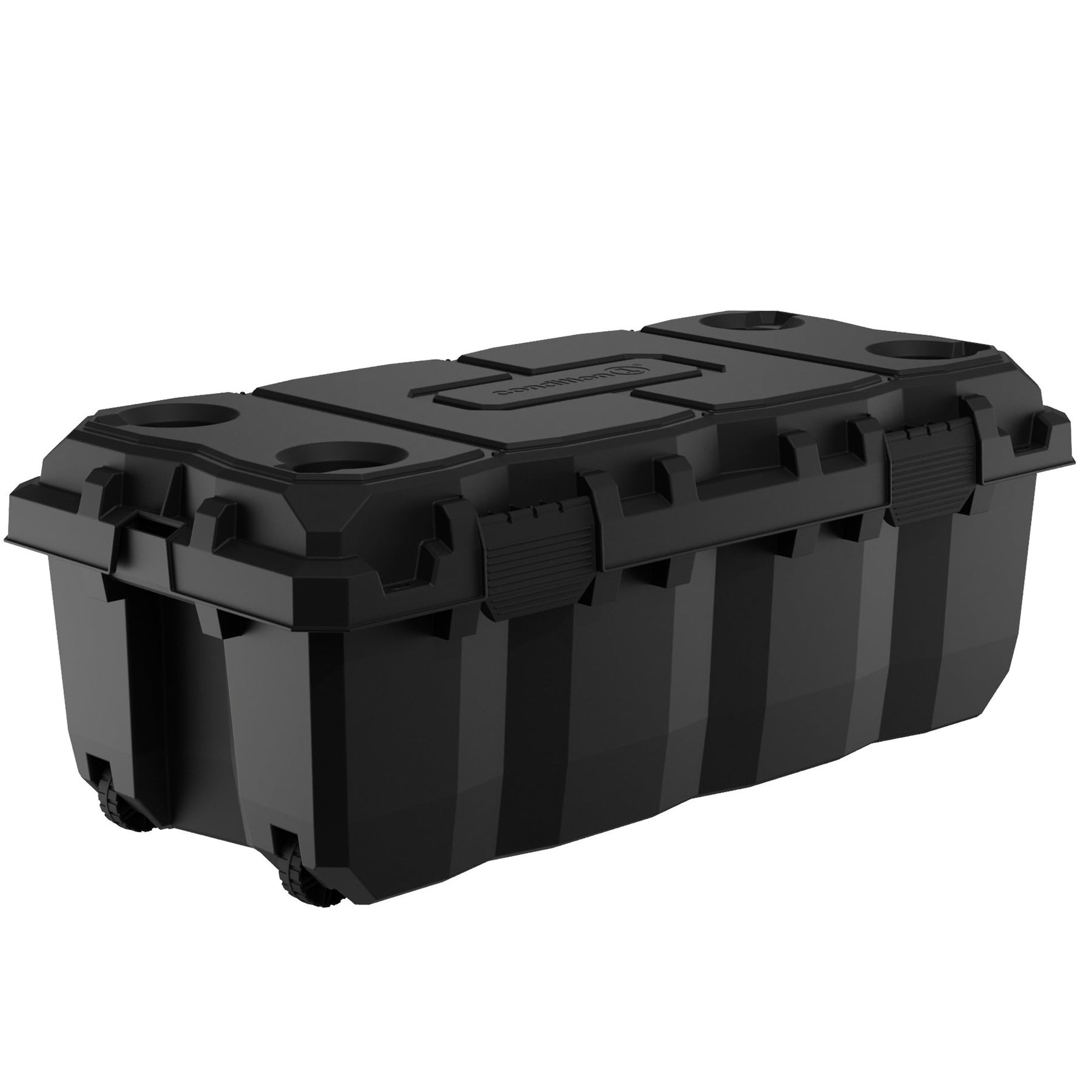 Alt text: "Black 38-inch Sportsman Trunk featuring robust handles and reinforced lid, suitable for storing and transporting gear, with visible brand marking on top."