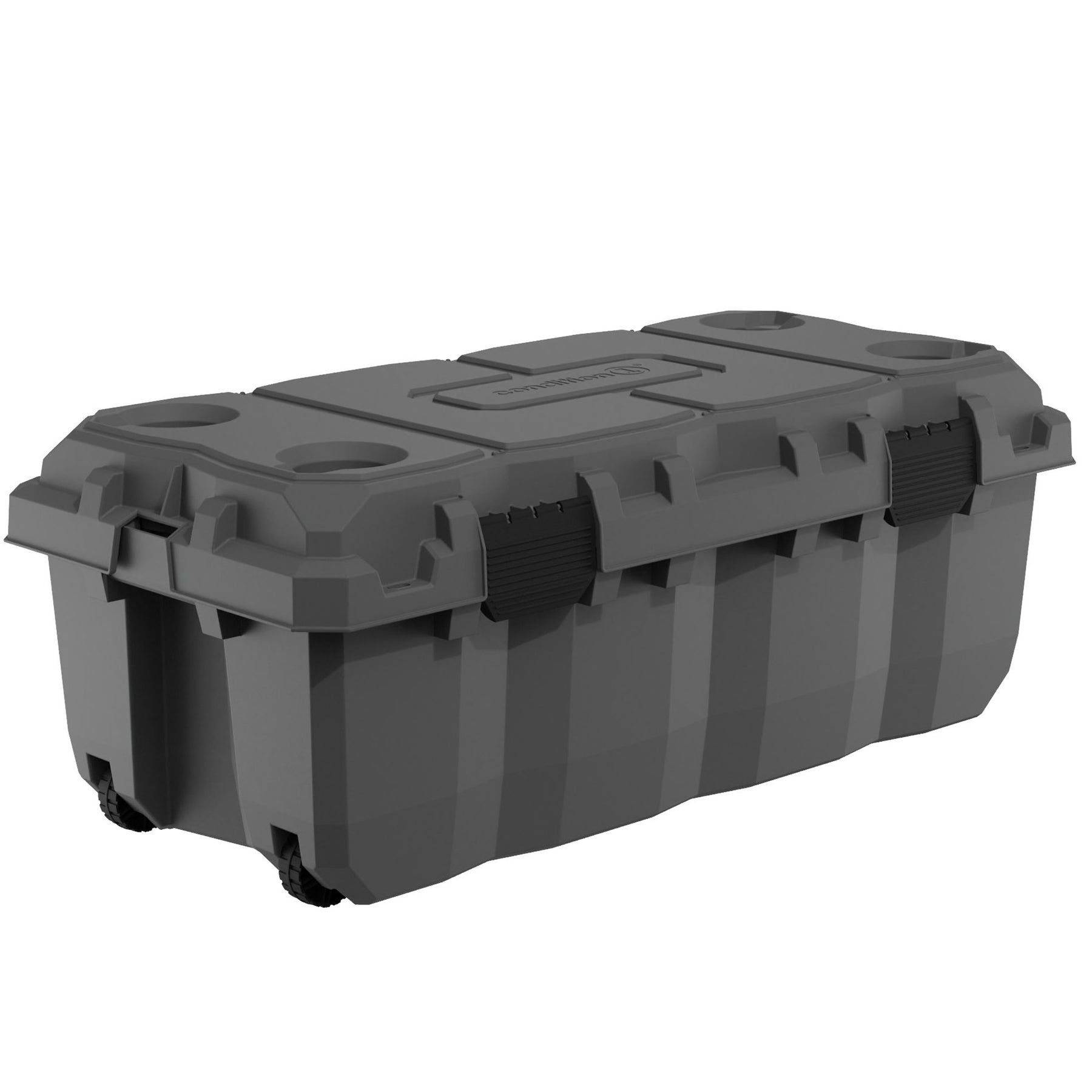 Gray 38-inch Sportsman Trunk with reinforced lid, secure latches, and built-in wheels for easy mobility.