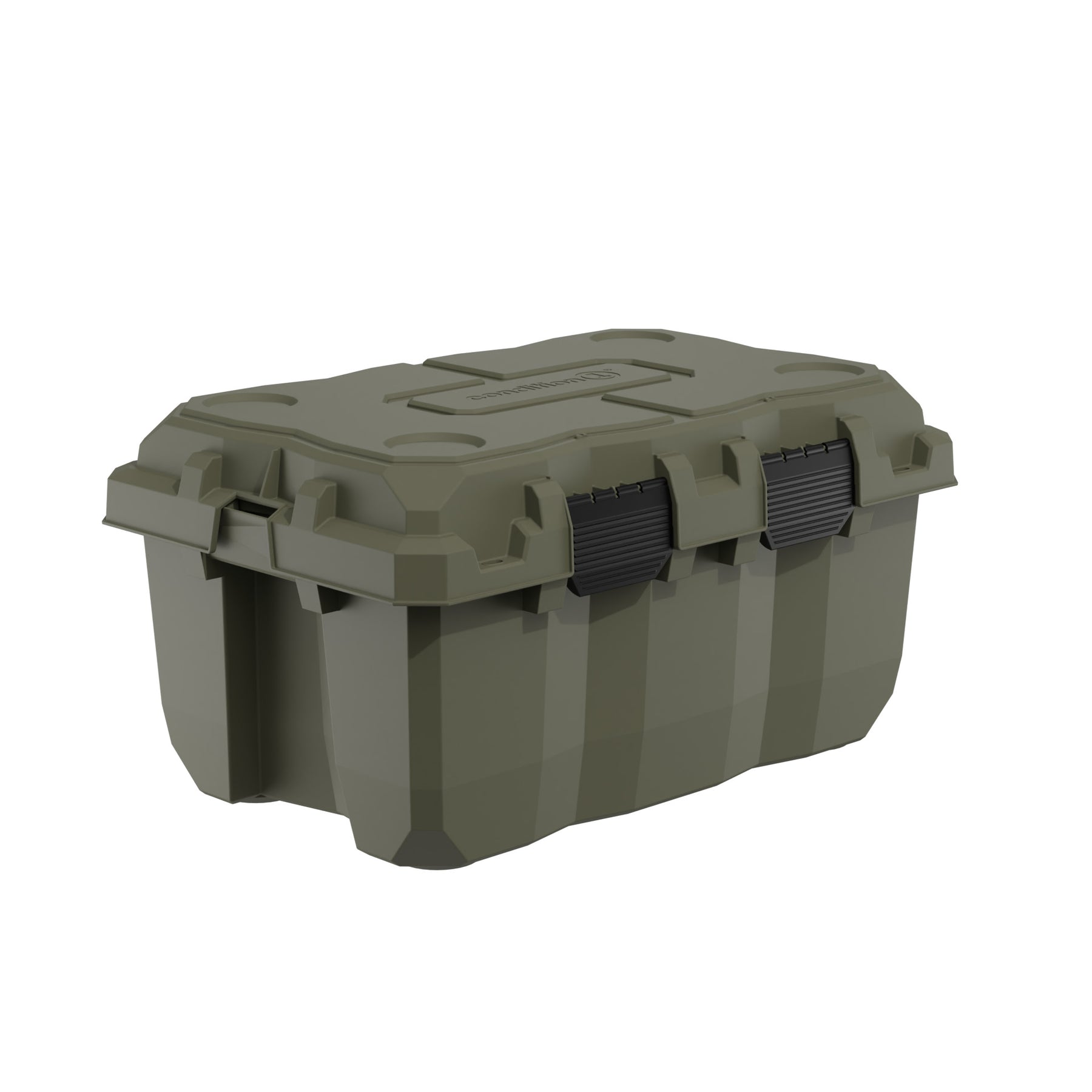 Alt text: "Olive green 28-inch Sportsman Trunk with sturdy black handles and lockable design, ideal for secure storage of outdoor gear."