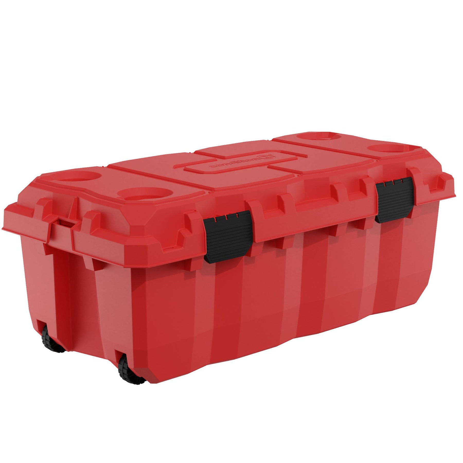 Red 38-inch Sportsman Trunk with durable black handles and wheels for easy maneuverability.
