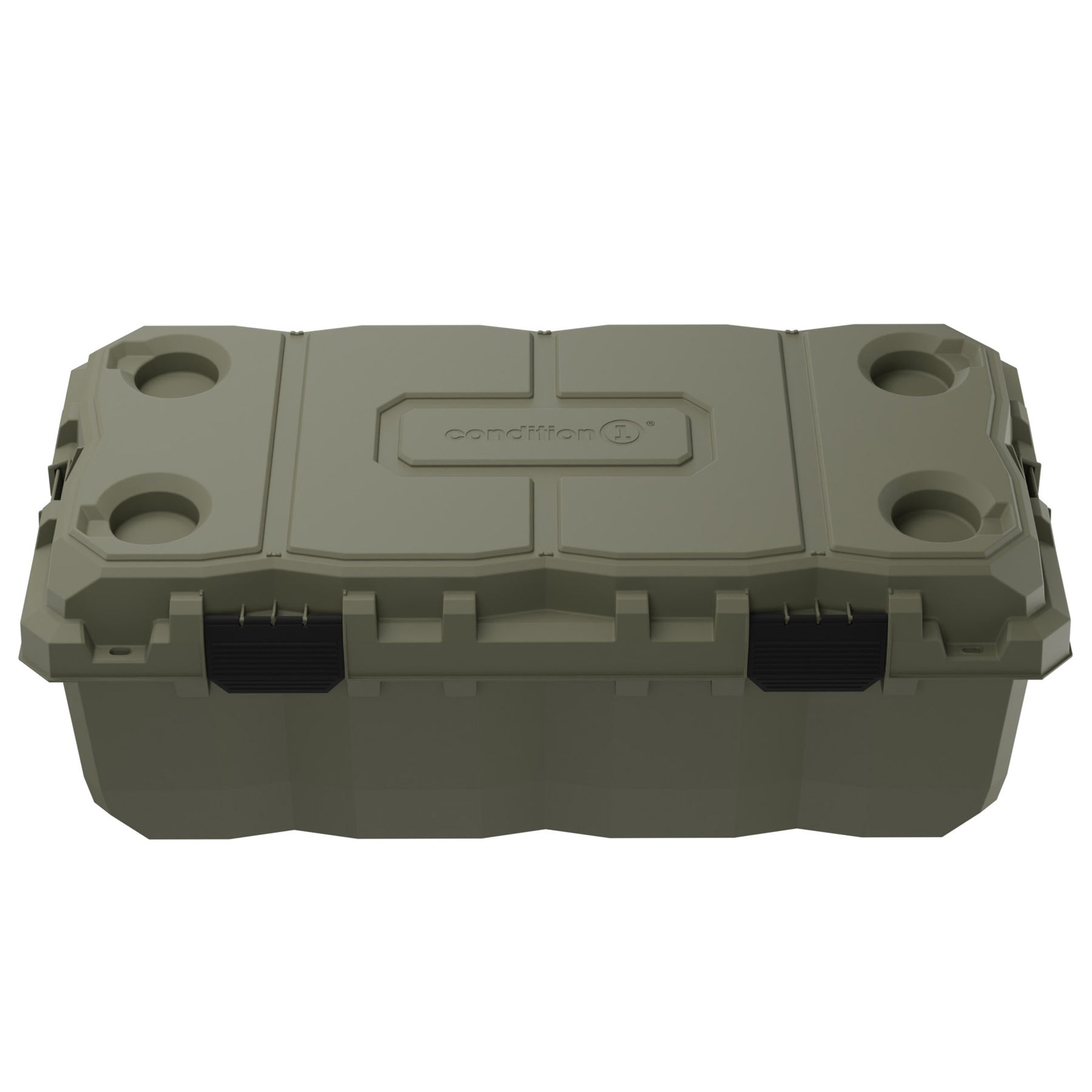 Alt text: Olive green 38" Sportsman Trunk featuring durable plastic construction with reinforced lid, secure black handles, and integrated cup holders, suitable for storage and outdoor use.