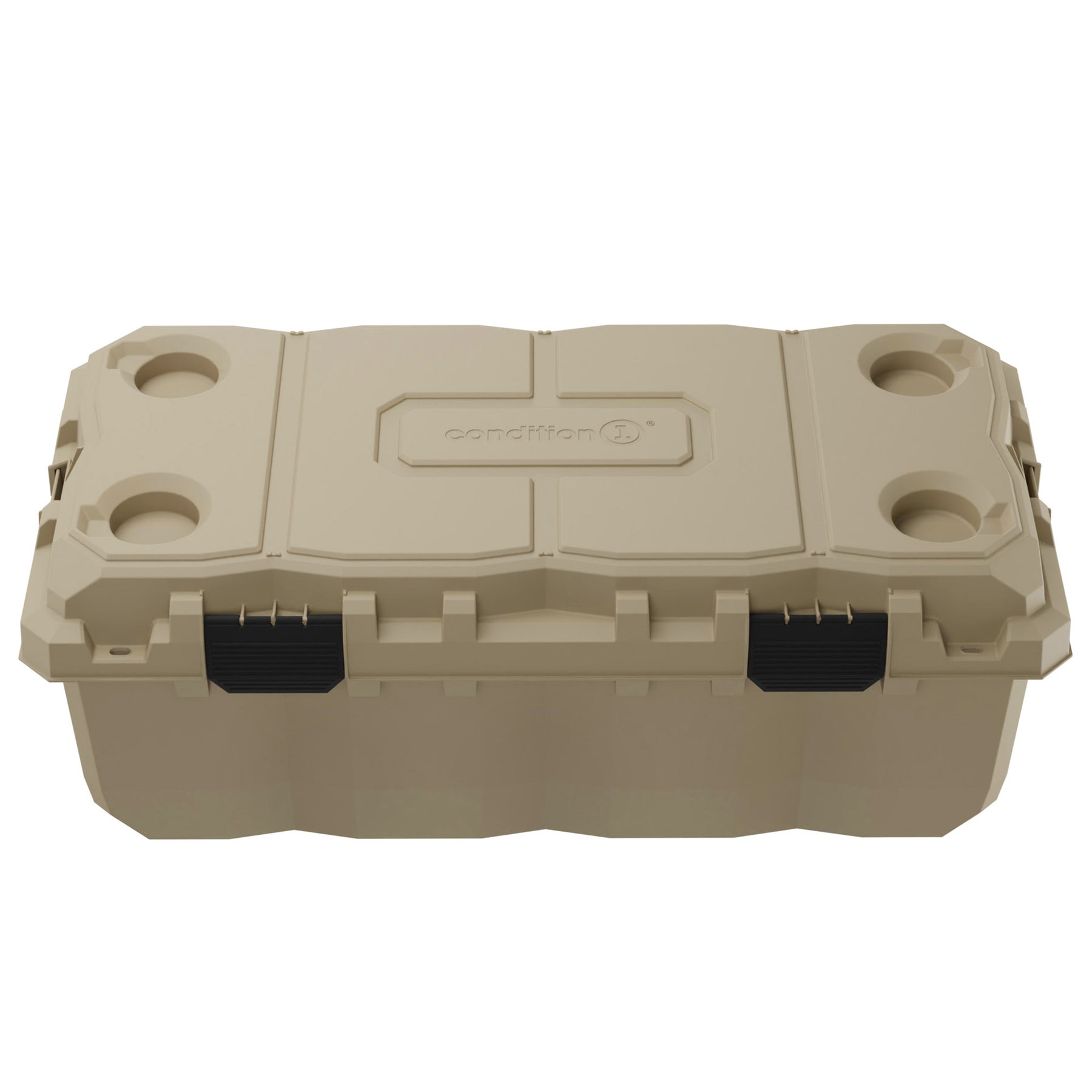Alt text: Beige 38-inch Sportsman Trunk featuring durable construction with reinforced lid, two side handles, and black locking handles for secure storage.