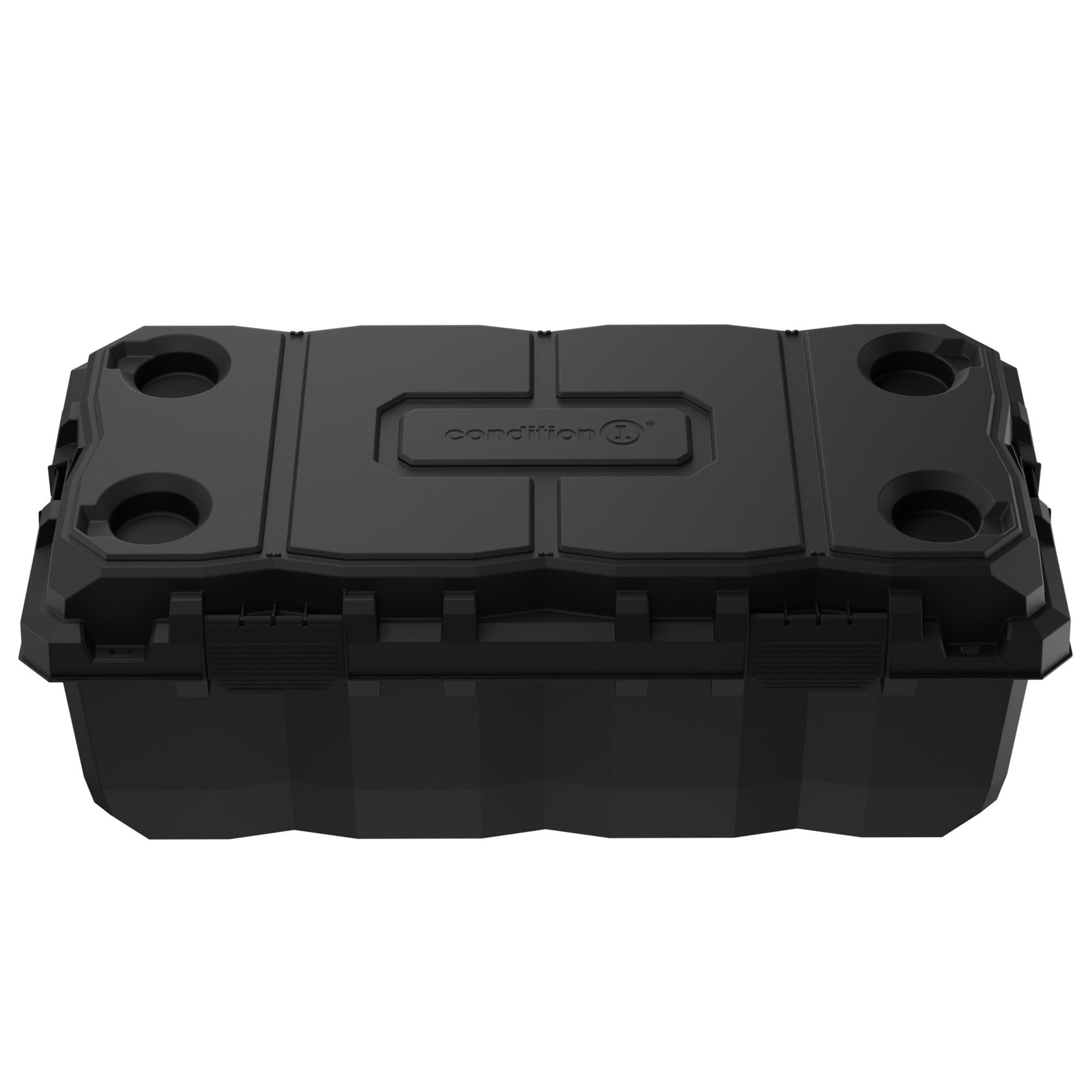 Black 38-inch Sportsman Trunk with sturdy handles and reinforced lid featuring integrated cup holders.