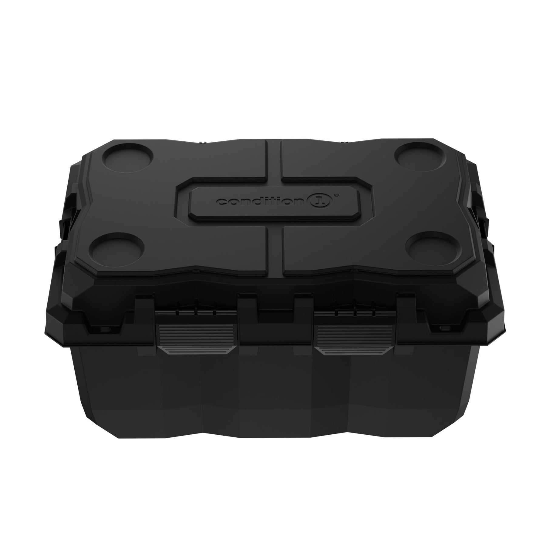 Alt text: Black 28-inch Sportsman Trunk featuring rugged design with dual side handles and secure closing latches, displayed on a white background.
