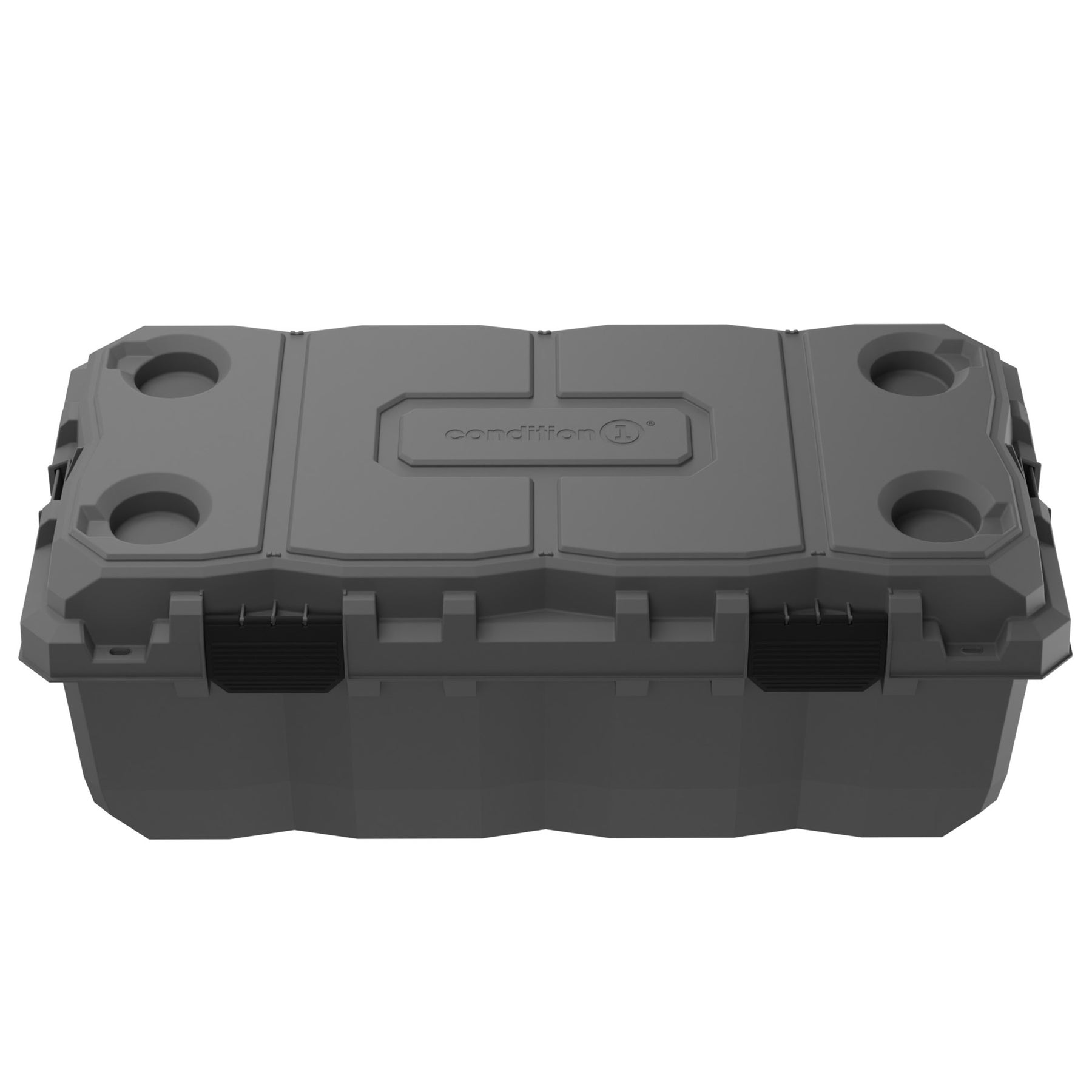Alt text: "Gray 38-inch Sportsman Trunk with rugged exterior, built-in handles and cup holders on the lid, designed for secure and convenient storage."