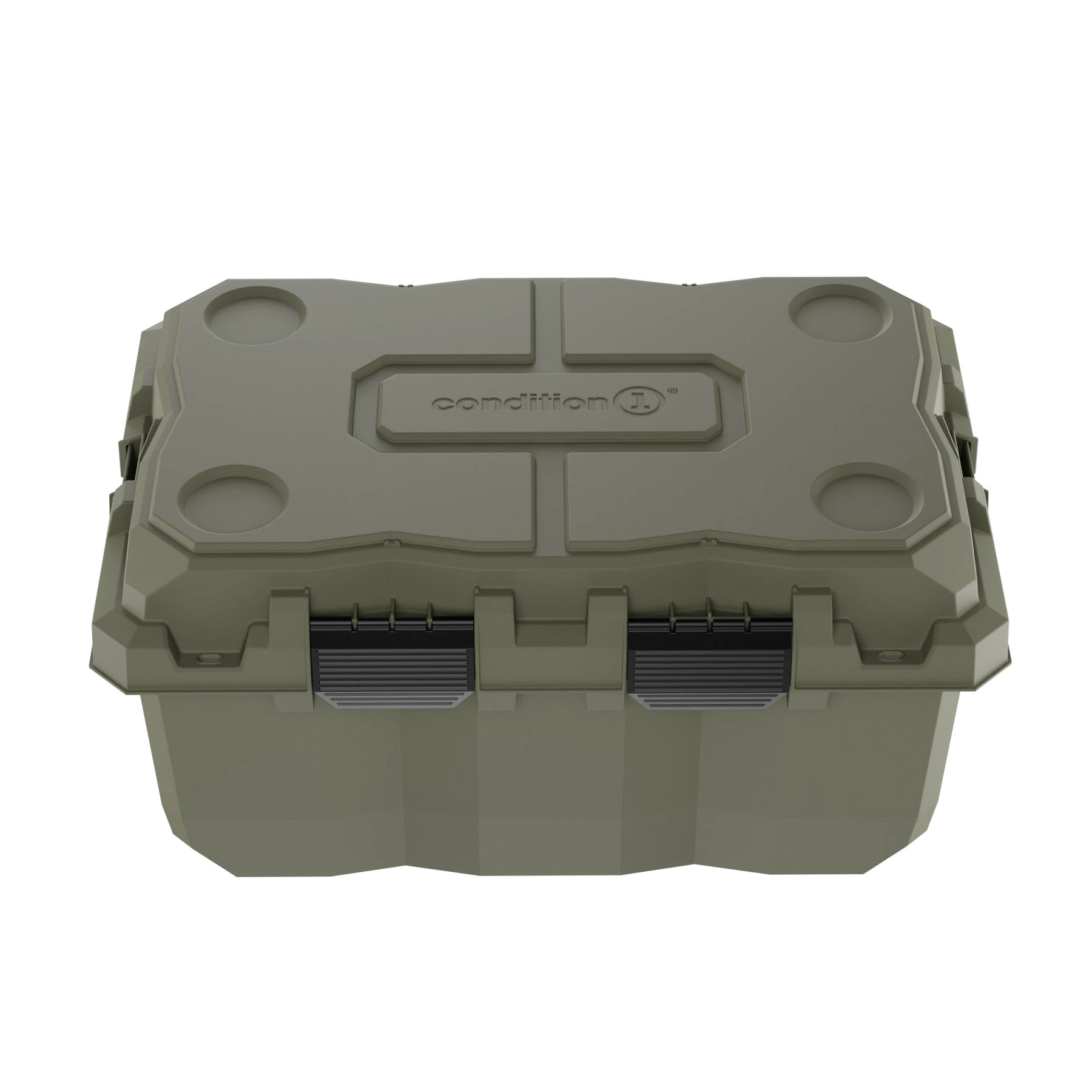 Alt text: "Olive green 28-inch Sportsman Trunk by Condition 1, featuring robust handles and secure latches, ideal for outdoor gear storage and transportation."