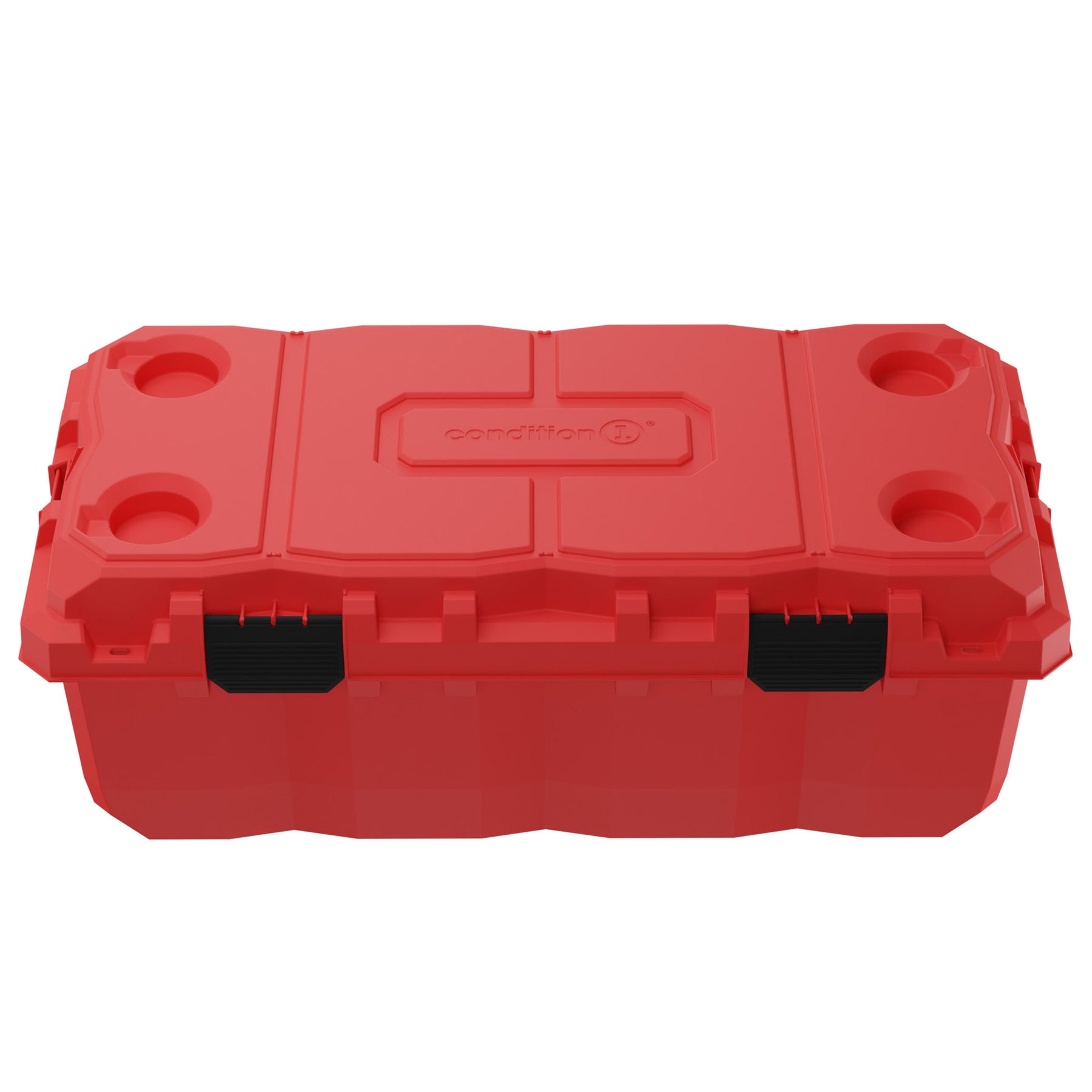 Red 38-inch Sportsman Trunk with rugged design and black handles, featuring side cup holders and a durable closing mechanism.