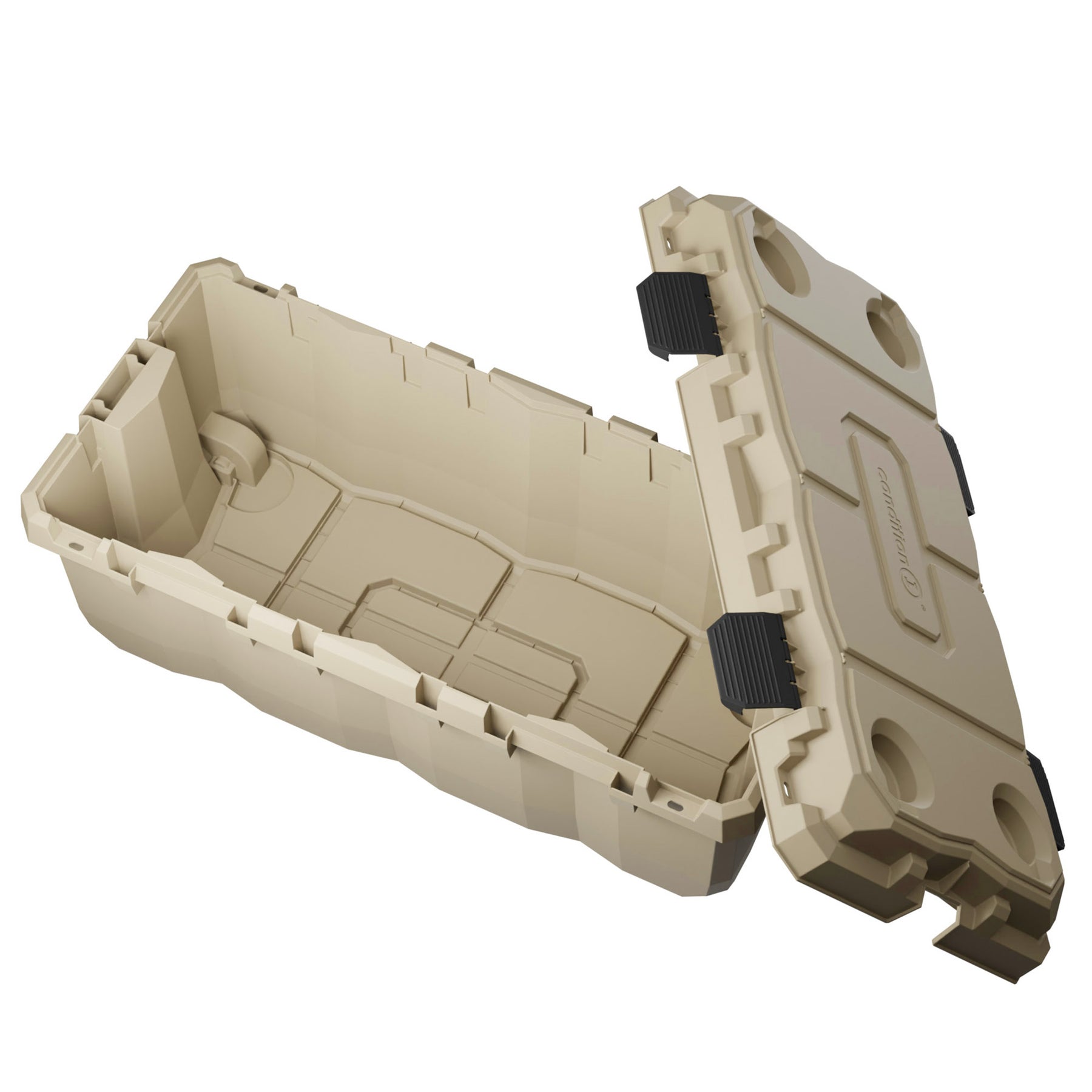 Alt text: Open 38-inch Sportsman Trunk in beige, featuring rugged design with reinforced sides, black handles, and secure latching system. Ideal for outdoor gear storage.