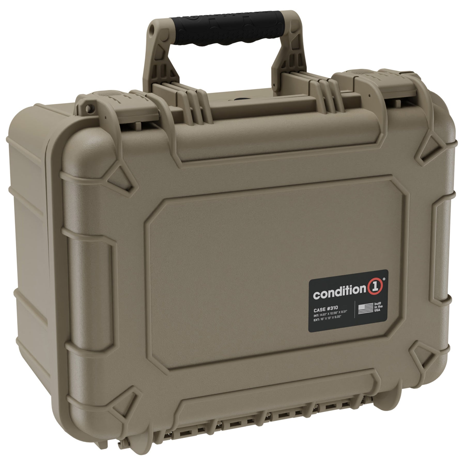 Alt text: "Condition 1 rugged medium-sized protective hard case, model number 310, in olive green color, featuring a durable handle and secure latch closures."
