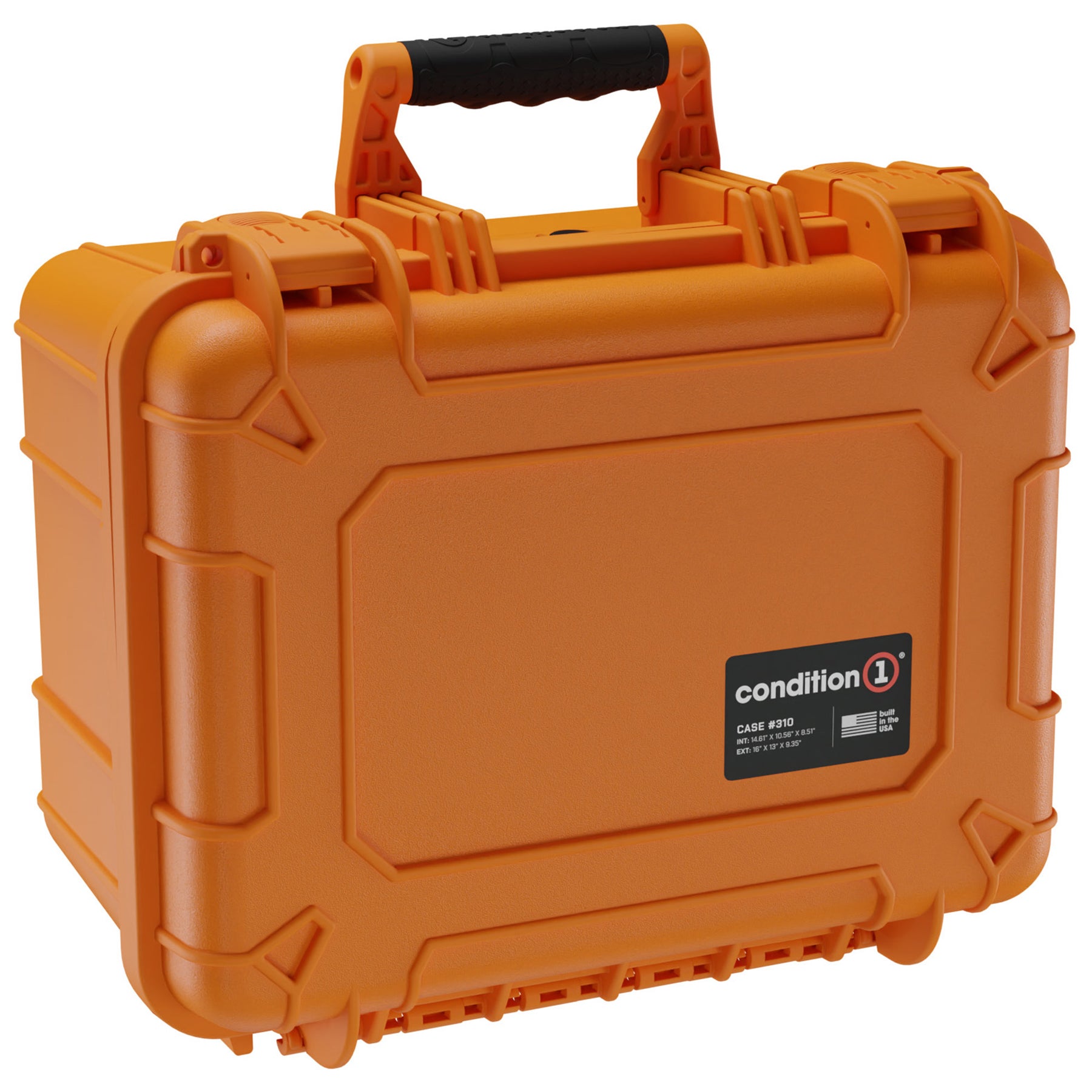 Orange protective hard case, featuring the Condition 1 logo and model number 310, with sturdy black handles and secure latches, designed for storing and transporting three revolvers.