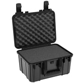 Alt text: "16-inch black rugged medium protective case, model #310, open to display its foam-lined interior with wave-pattern foam in the lid and flat foam at the base, featuring sturdy latches and hinges on the side."