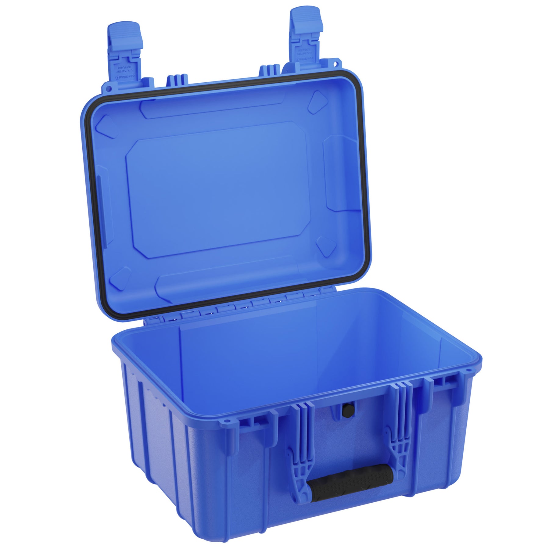 Alt text: "Open 16-inch medium blue hard case with sturdy latches and reinforced corners, showcasing empty interior and durable design, suitable for protecting and storing valuable equipment."