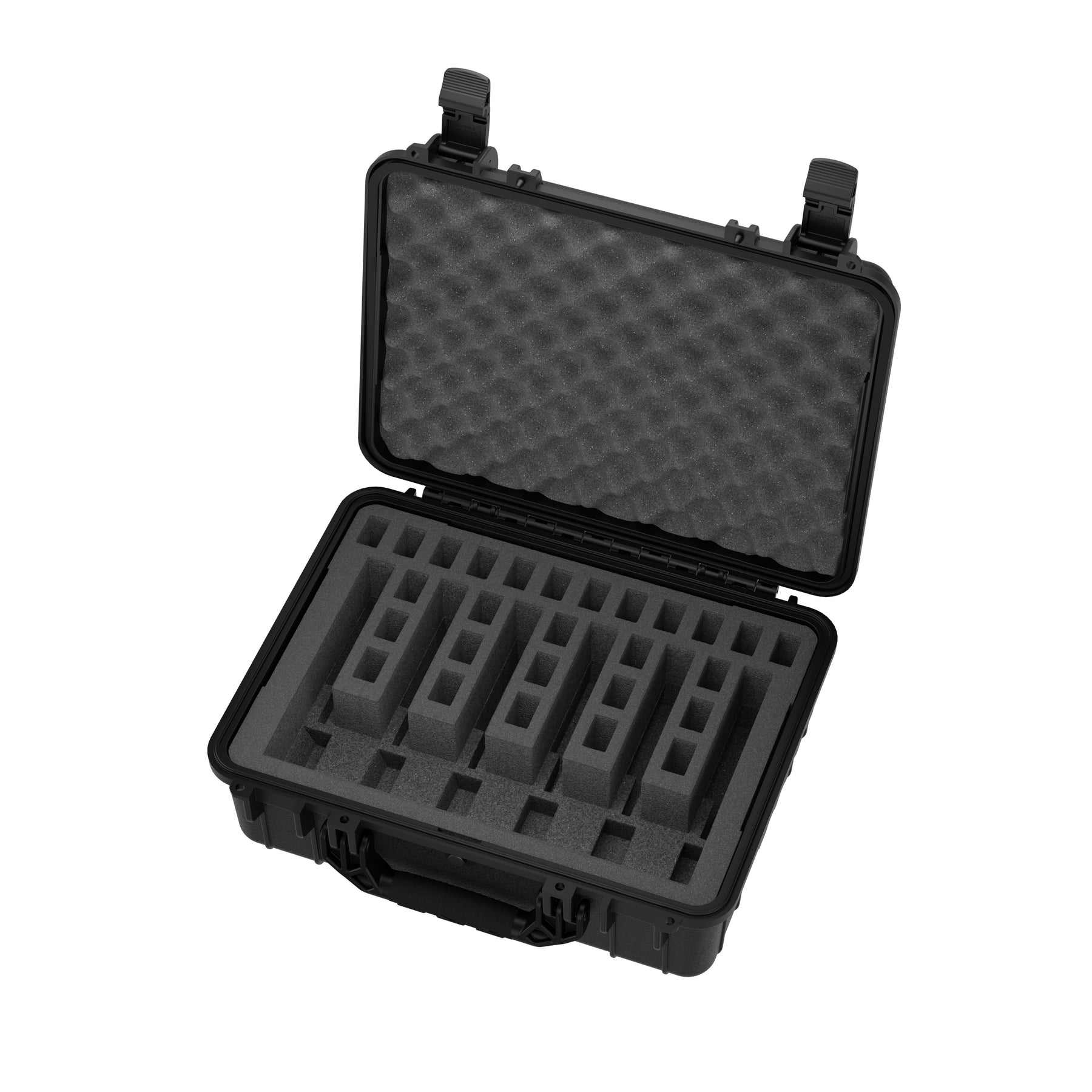 Black 20-inch hardshell pistol case with customizable foam inserts for six pistols, featuring secure latches and foam-lined interior lid.