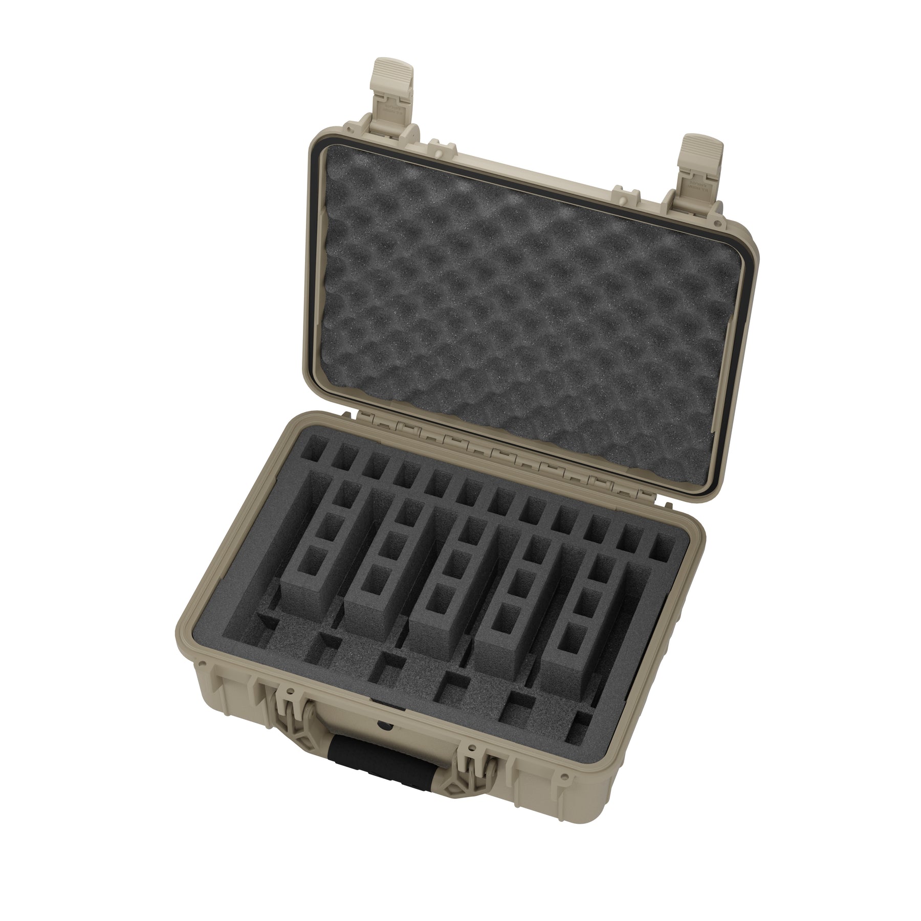 Alt text: "Open 20-inch pistol case displaying foam cutouts for six pistols, featuring rugged tan exterior with latch closures and black padded interior for protection."