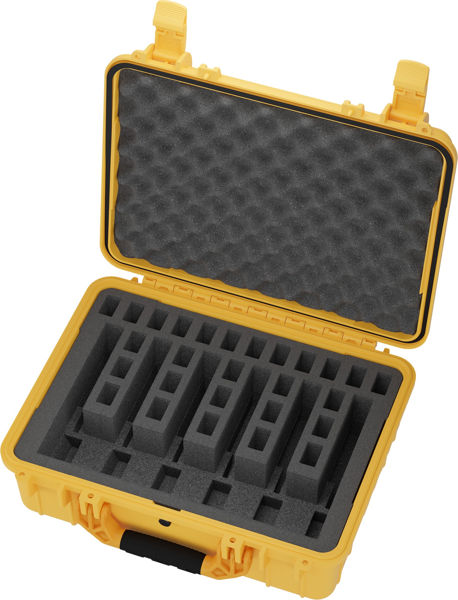 Yellow 20-inch pistol case with foam interior and custom compartments for storing six pistols securely.